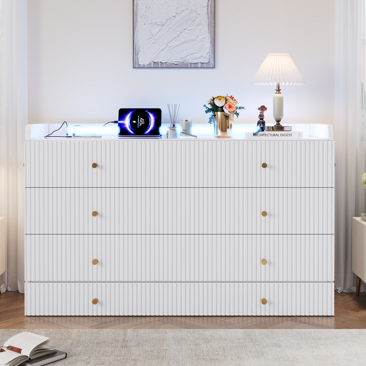 Murphy Bed, 140 X 200cm, There Are Drawers Under The Bed, With USB And Socket, LED Light Strip, With High Gloss Top, Convertible Platform Bed, Without Mattress, White