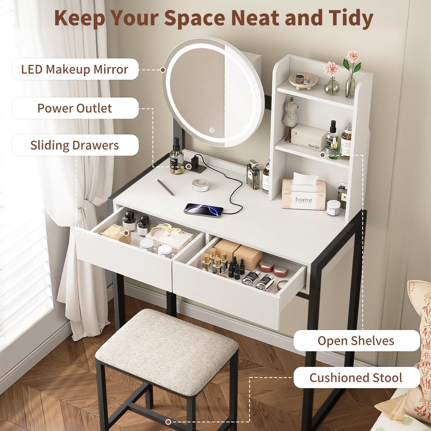 Small Vanity Desk With Mirror And Lights, Makeup Vanity Table With LED Mirror, 3 Lighting Modes, Power Outlet, Drawer, Open Shelves And Cushioned Stool For Bedroom White And Black