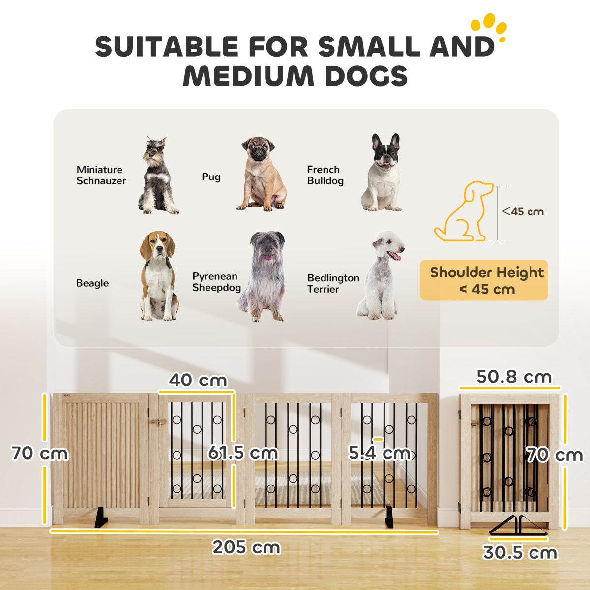 PawHut 4 Panel Freestanding Pet Gate, Indoor Dog Barrier With Lockable Door, Support Feet, 360° Flexible Hinges, Oak