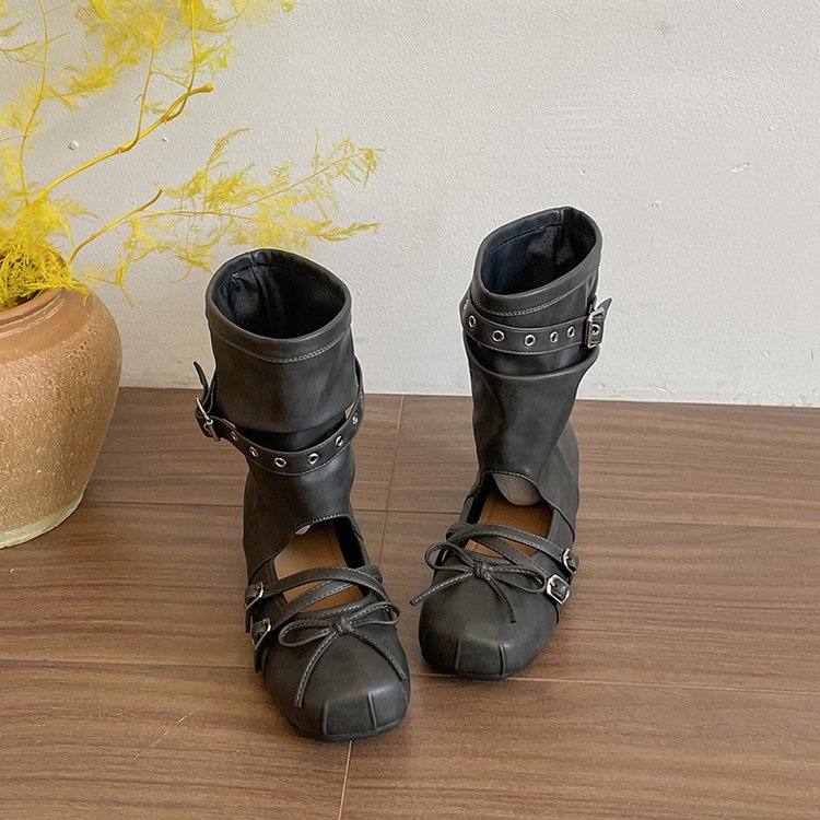 Women Round Toe Ballet Style Hollow Mid-calf Stackable Sandal Boots, Removable Belt Buckle Inner Height Increasing Shoes For Outdoor Wear