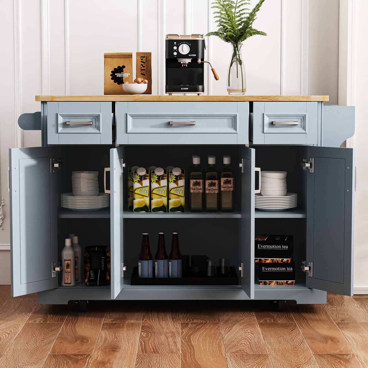 K&K 54inch Large Kitchen Island With Rubber Wood Drop Leaf, Embossed Texture Rolling Kitchen Cart On 4 Wheels With 4 Doors And 3 Drawers, Kitchen Island With Storage For Kitchen, Dining Room,Grey Blue