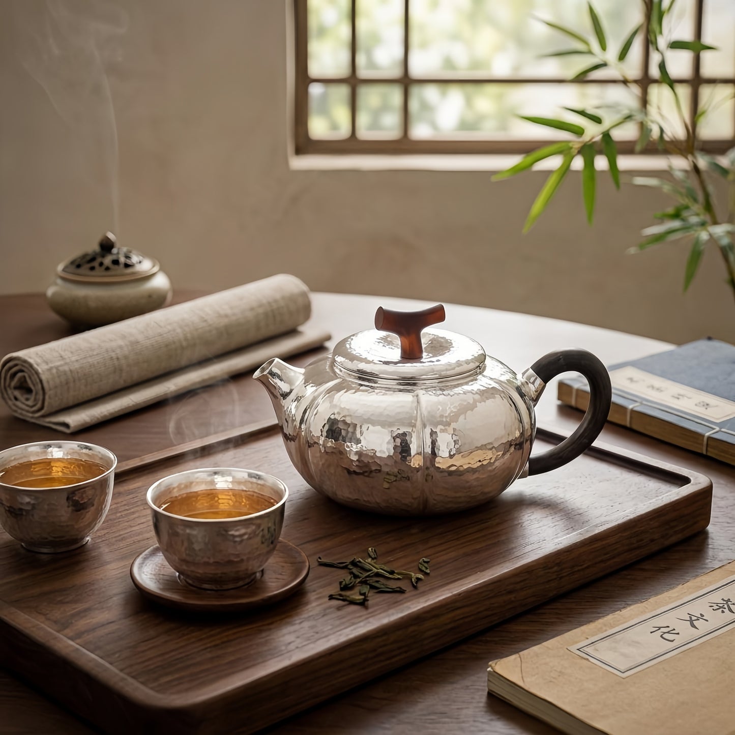 925 Sterling Silver Exquisite Hammered Silver Teapot with Dark Wooden Accents and Lobed Body Design - Handicraft
