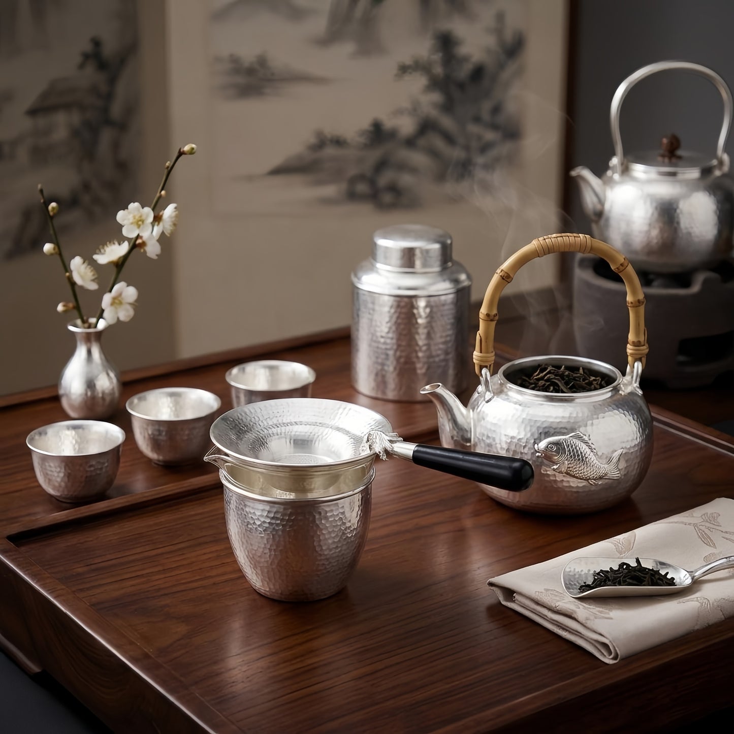 Pure 999 Fine Silver Handcrafted Silver Hammered Tea Strainer with Ornamental Fish Handle - Handicraft