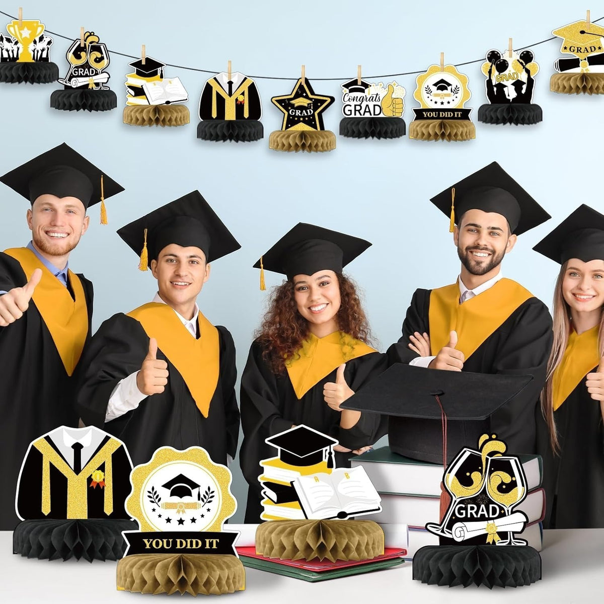 9-Piece Black And Gold Honeycomb Graduation Party Decorations – Complete Set With Gold And Black Honeycomb Elements For Festive Room Decor – Party Accessory Set