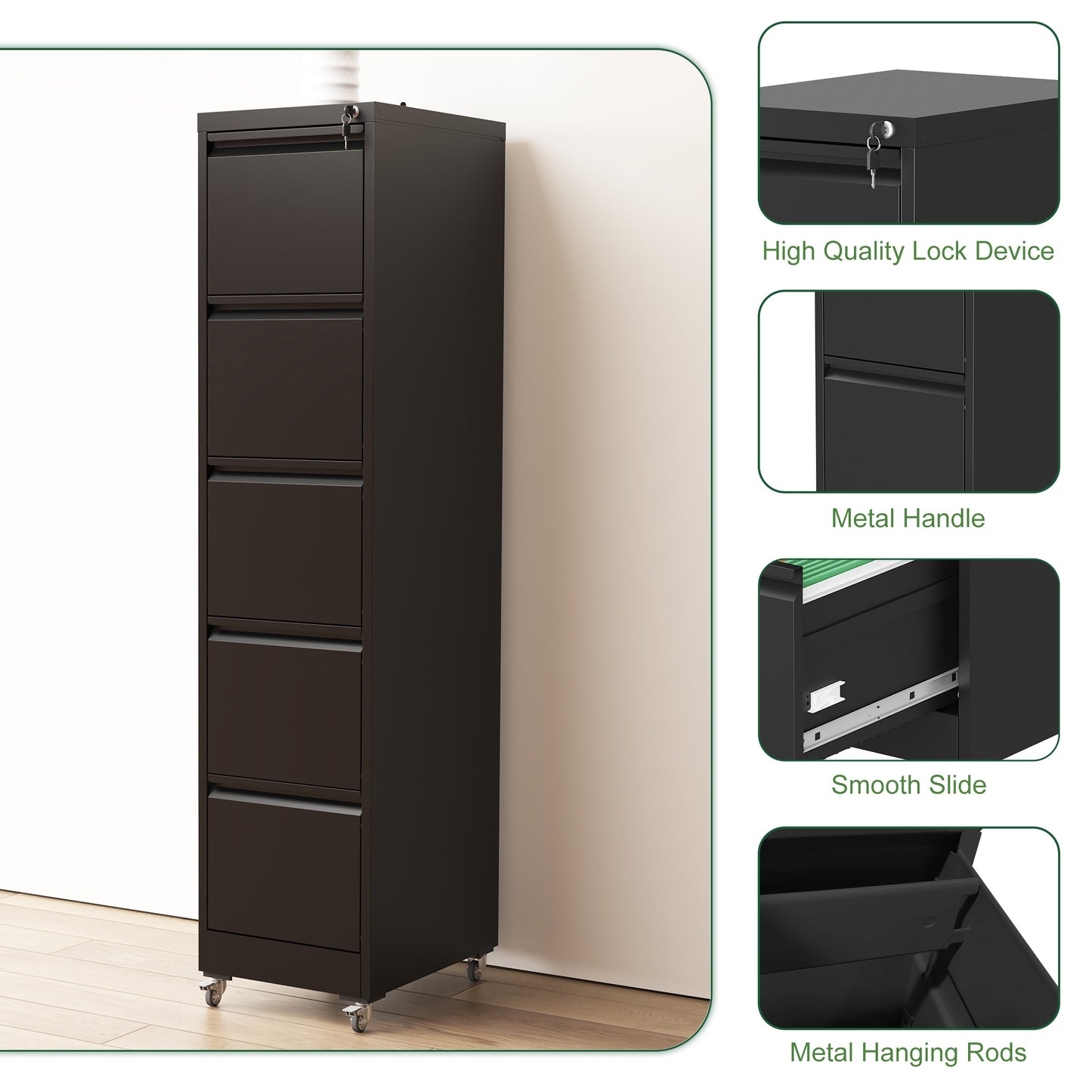 5 Drawer Metal Vertical File Cabinet With Lock On Wheels For Home Office,Heavy Duty Metal Storage Cabinet For A4 Letter Legal Size Files, Black, 17.71 Dx15.16 Wx64.17 H