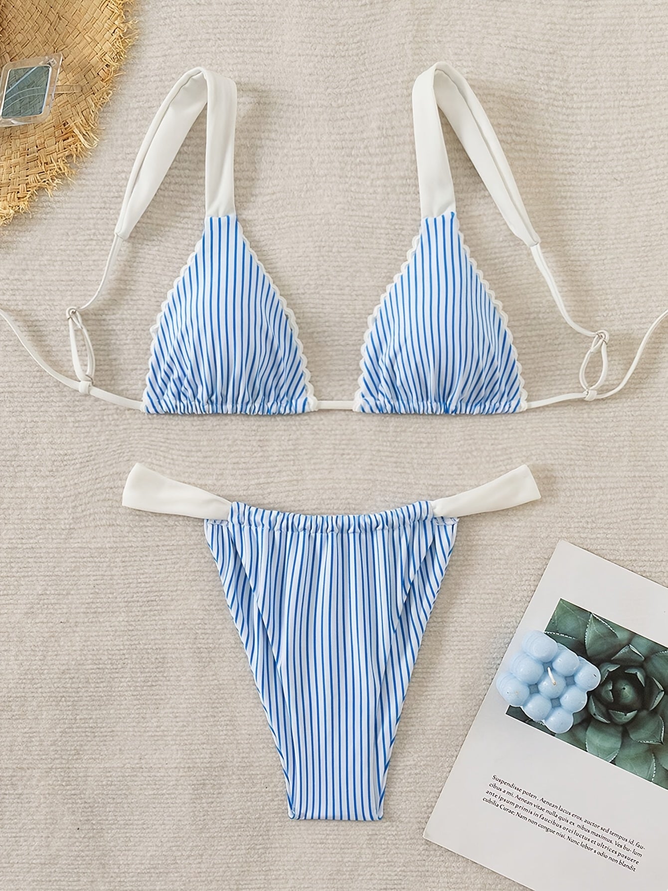 2026 New Blue White Vertical Stripe Color Block Wide Strap Triangle Bikini Set Women Ruffle Ruched High Cut Two Piece Swimsuit For Beach Vacation, Korean Style