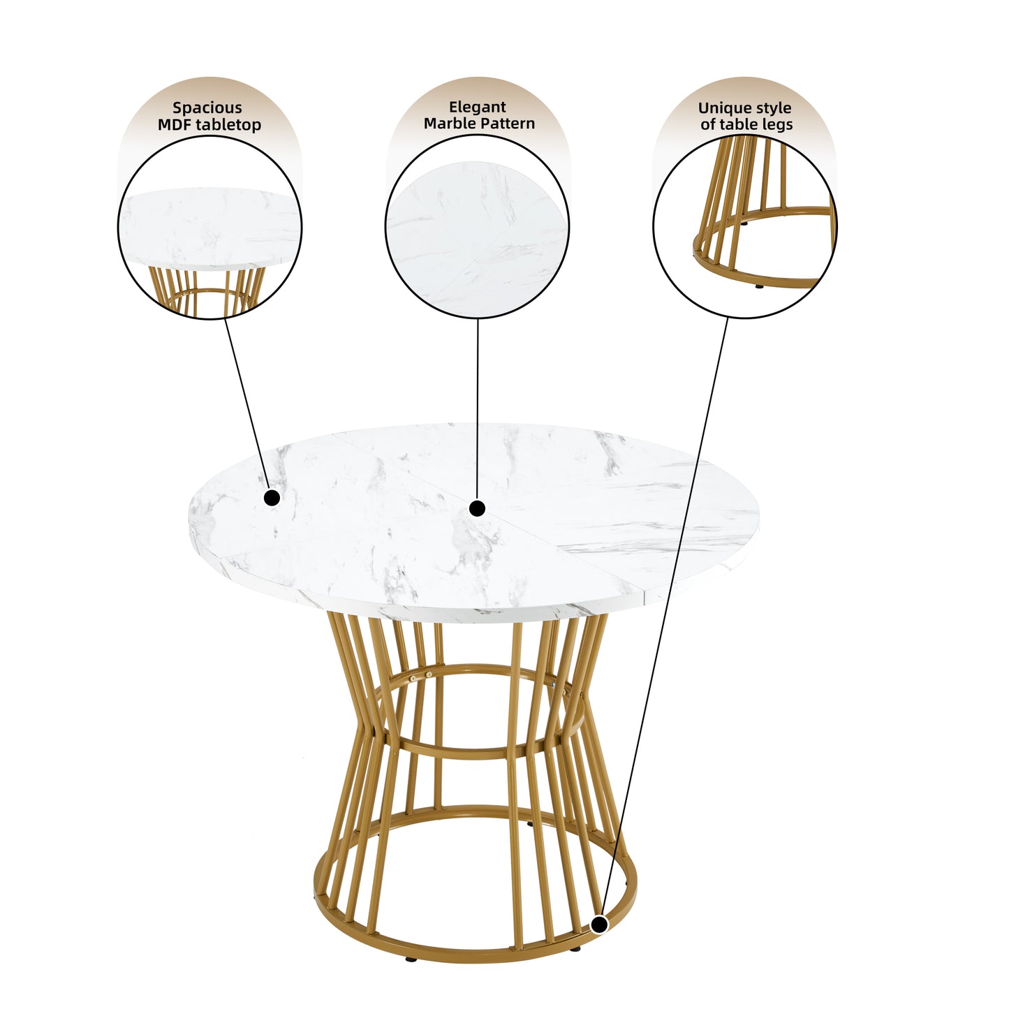 Dining Table Set 5-piece , Dining Table Set With 4 Chairs, Kitchen Table Set, Round Dining Table With 100 Cm Diameter And Golden Metal Legs, White MDF Table Top, Gray Velvet Dining Chairs