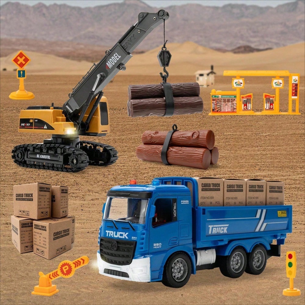 Kids 2 In 1 RC Crane Truck. An Educational Construction Toy With Flashing Lights, Logs, And DIY Accessories. A Fun And Interactive Christmas Present That Encourages Creativity And Problem Solving.