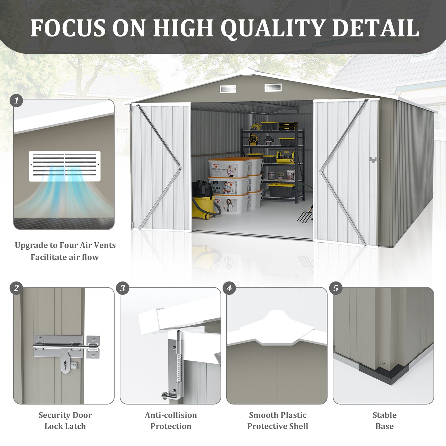 Campcraft Outdoor Storage Shed 10x14 FT With 3 Lockable Doors,4 Air Vents & Sloped Roof,Utility Tool Shed Metal Storage Garden Sheds Frame And 4 Vents,for Backyard,Patio,Lawn,Light Grey