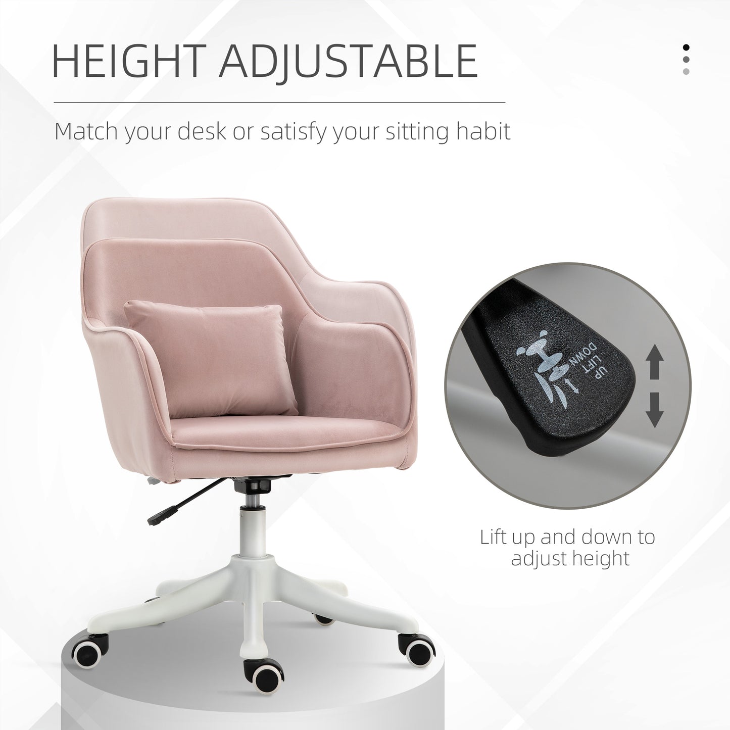 Vinsetto Velvet Office Chair, Desk Chair, Makeup Vanity Chair With Massage Lumbar Pillow And Rolling Wheels For Bedroom And Home, Pink