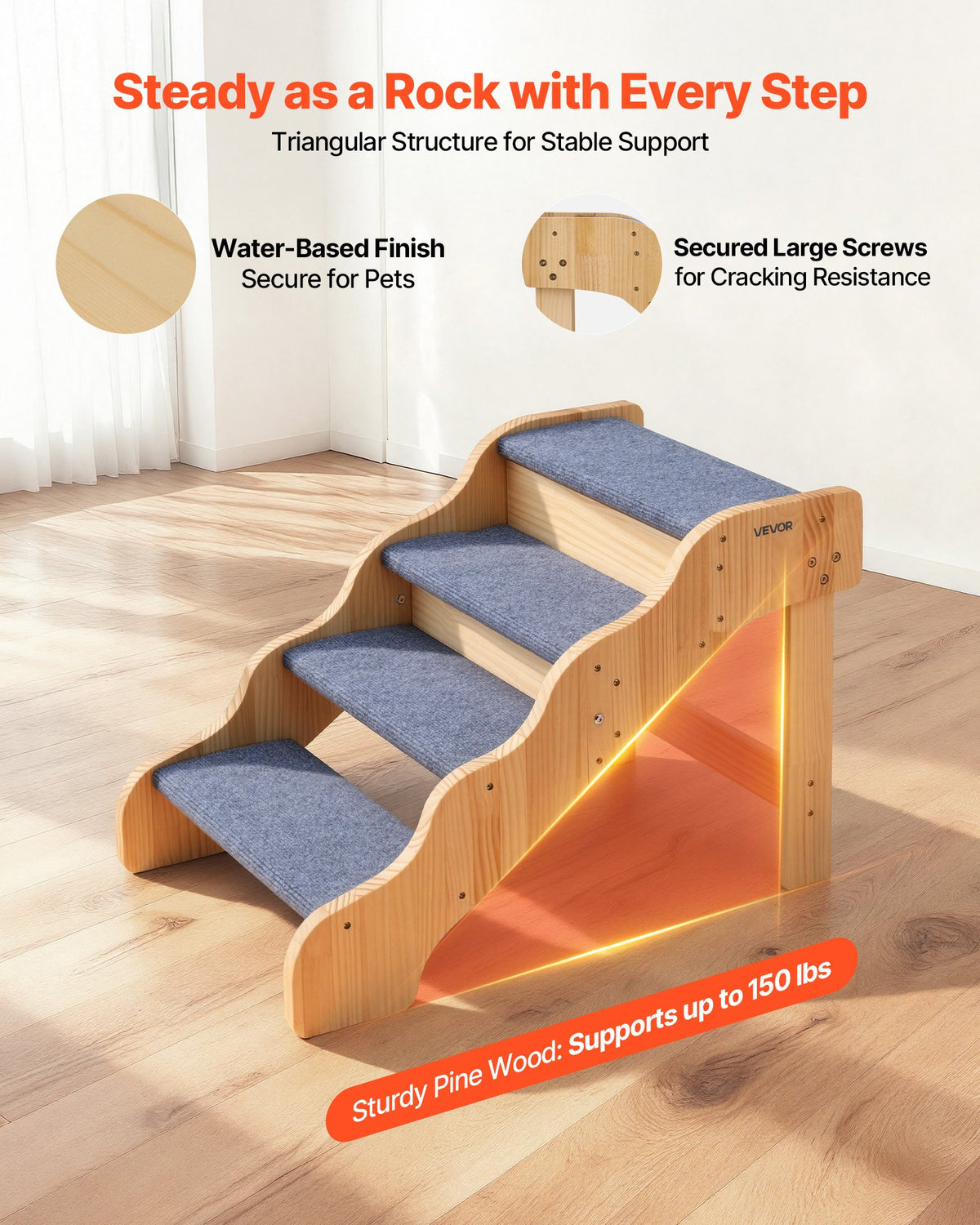Wood Pet Stairs, 4-Step Dog Stairs For High Beds, Sofa & Cars, 150lbs Load Capacity, Non-Slip Surface, Stable Cat & Dog Step Ladder For Small Medium Large Older Pet Puppy Essentials