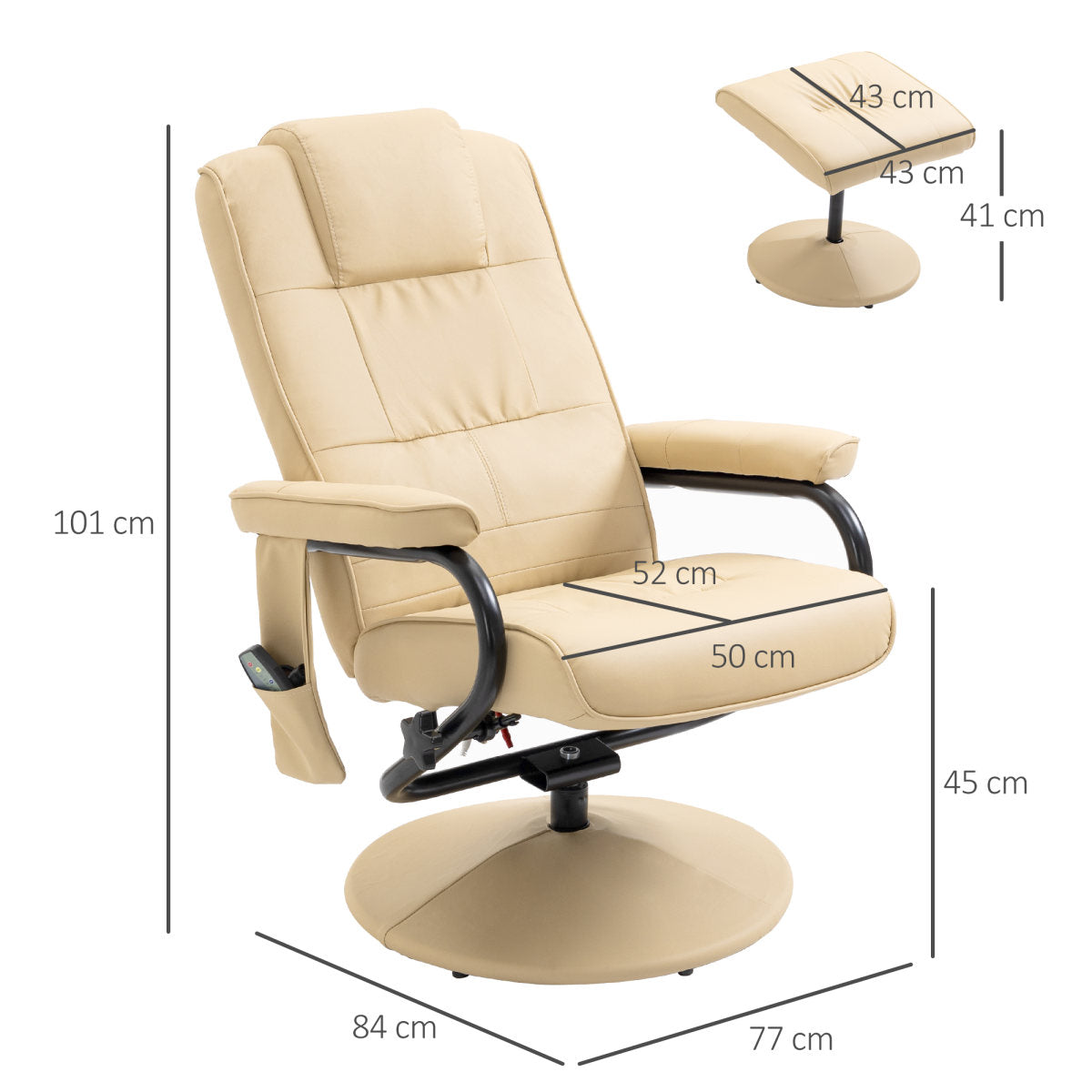 Swivel Recliner Chair And Footstool, Faux Leather Massage Recliner Armchair With Remote Control And Round Wrapped Base, Beige