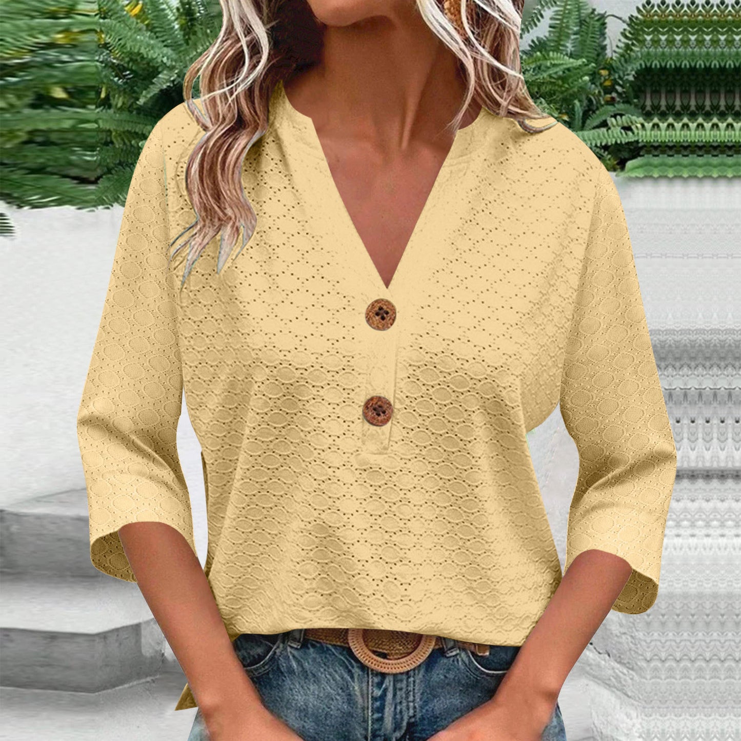 New Womens Fashion Casual Solid-color V-neck Long-sleeve Top With Buttons