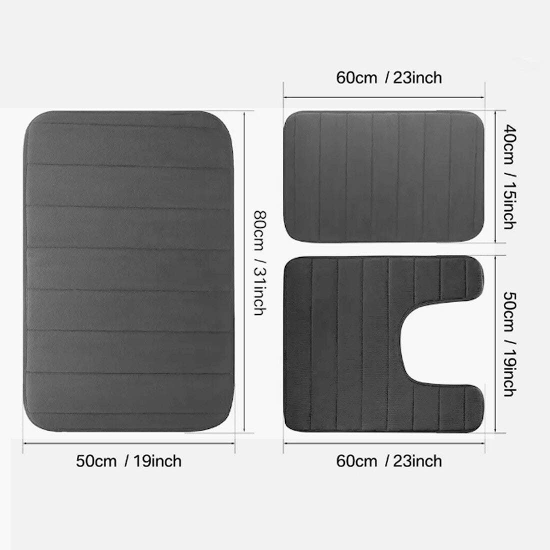 MEMORY FOAM BATH MAT PEDESTAL SET NON SLIP TOILET BATHROOM CONTOUR RUGS 3 PIECE--Grey