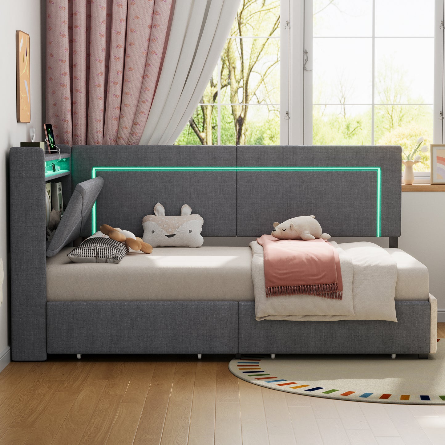 3ft Single Daybed With Two Storage Drawers, LED Concealed Headboard Storage With Charging Station, Modern Linen Sofa Bed For Living Room Bedroom Study Room, 90X190cm, Grey No Mattress