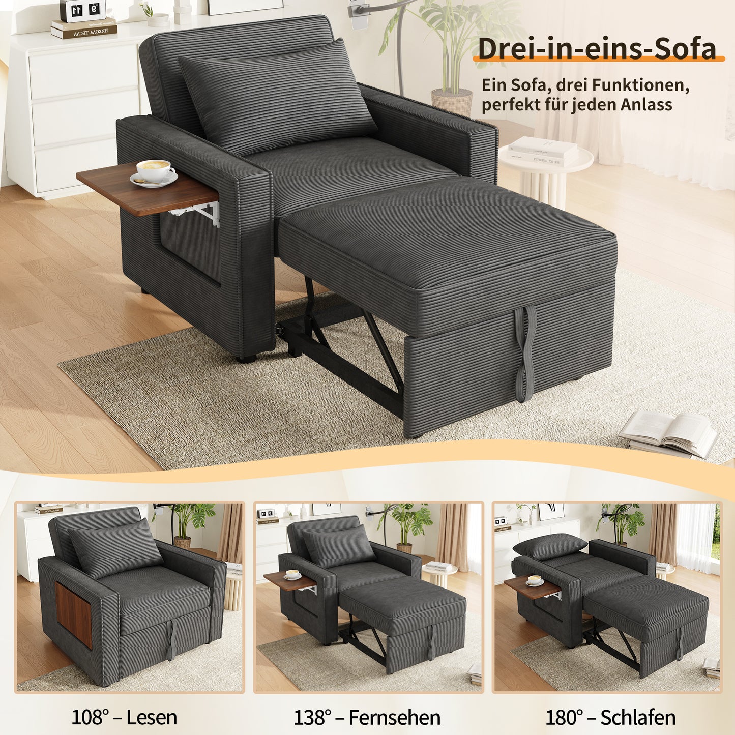 Multifunctional Foldable Sofa Bed With USB Charging Port And Mobile Phone Holder, 1 Seater Recliner Sofa Bed Convertible, Space Saving For Living Room And Bedroom, Corduroy Fabric, Gray