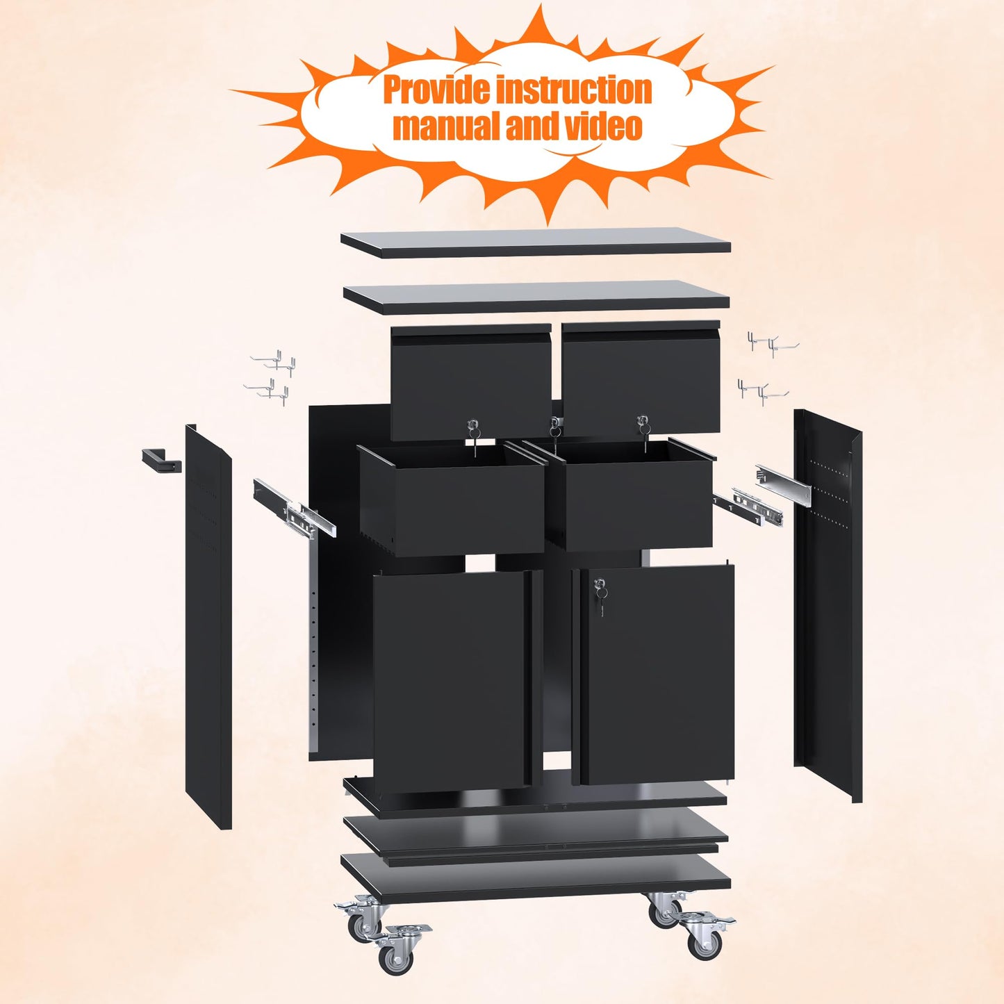 Aobabo Rolling Metal Storage Cabinet With Wheels, Heavy Duty Steel Garage Tool Cabinet With 2 Drawers, Pegboard & 4 Hooks, Lockable Mobile Organizer With Adjustable Shelves, Black, Assembly Required