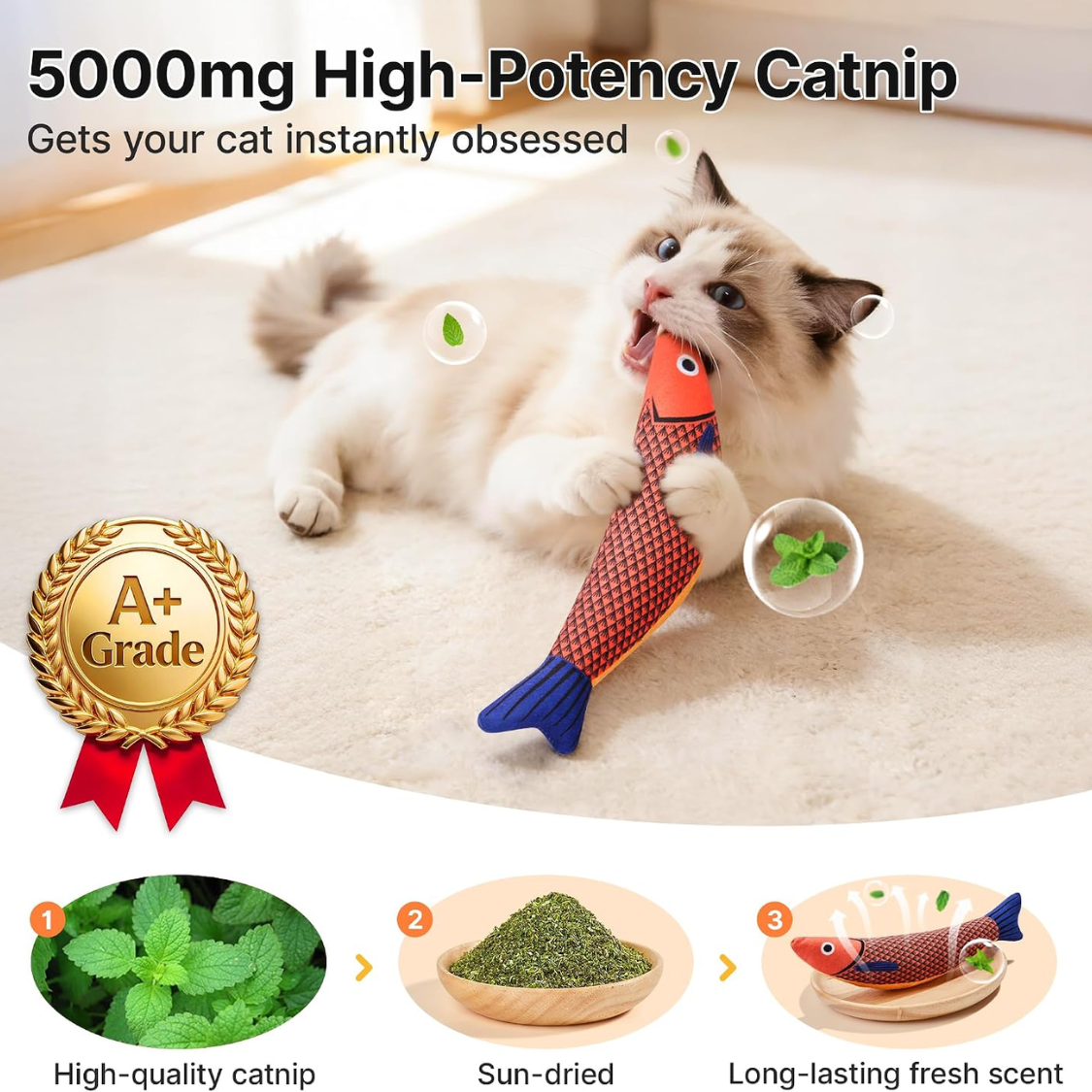 Cat Toys Saury Fish, 3 Pack, Catnip Crinkle Sound, Soft And Durable, Interactive Kitten Kicker For Indoor Kitty