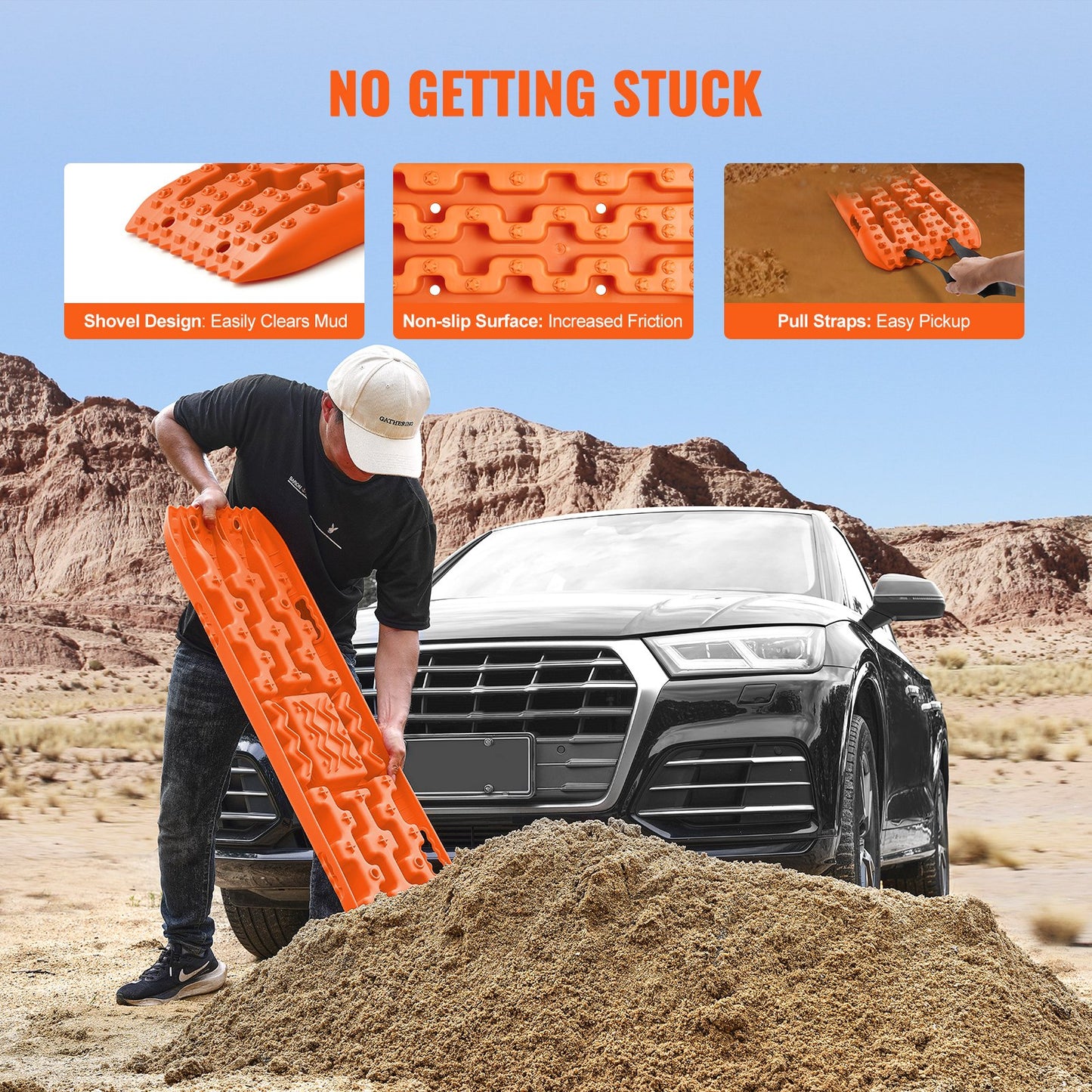 10 TON Traction Boards With PP Material, Recovery Boards For Off-road Vehicles/Cars/Pickups/SUVs/RVs, Pair Tire Traction Mats On Snow, Sand, Mud And Loose Terrain, Storage Bag, Long, Orange