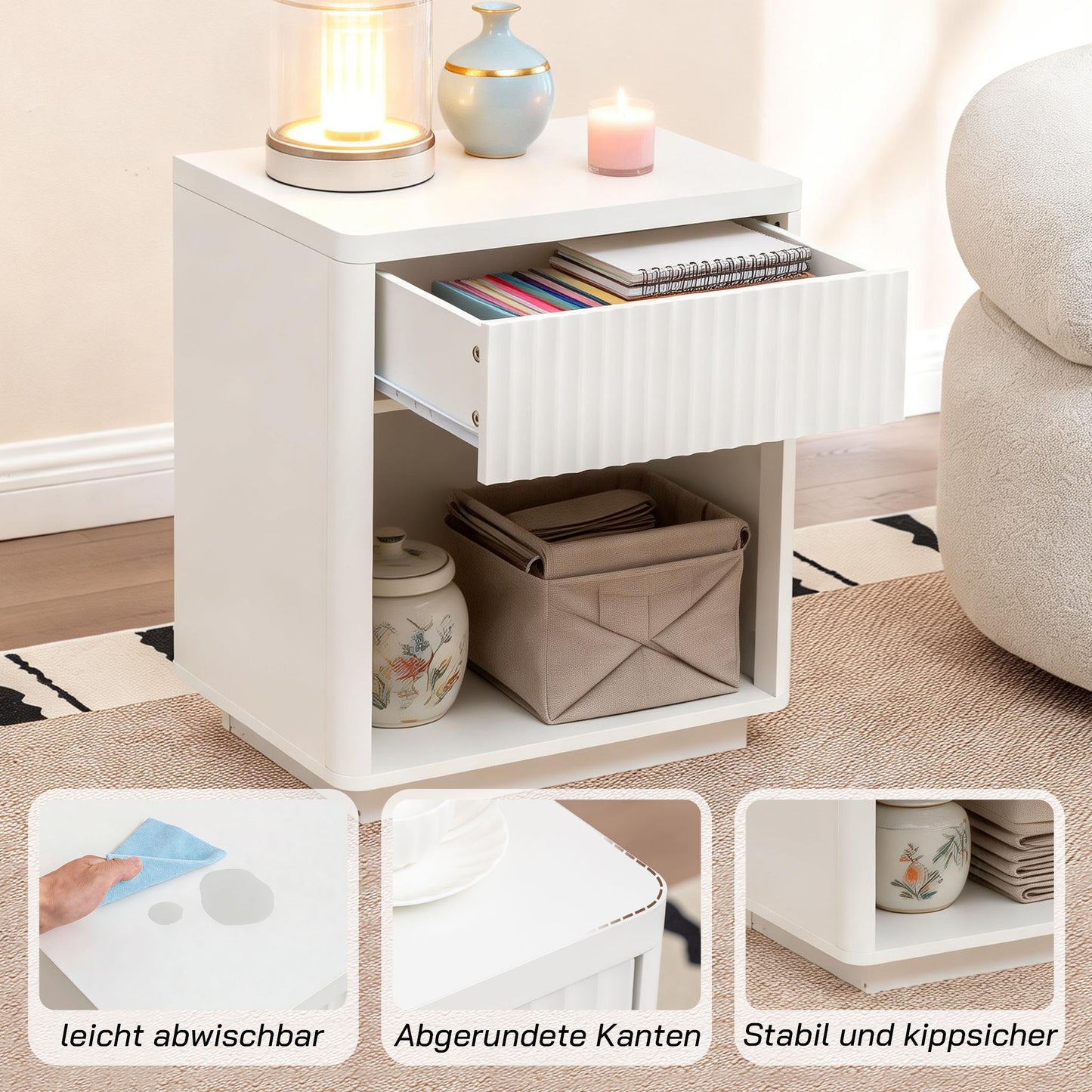 Nightstand With Drawer & Open Shelf, Modern Bedside Table With Ripple Panel Design, Sturdy Wood End Table For Bedroom Living Room Office Easy Assembly