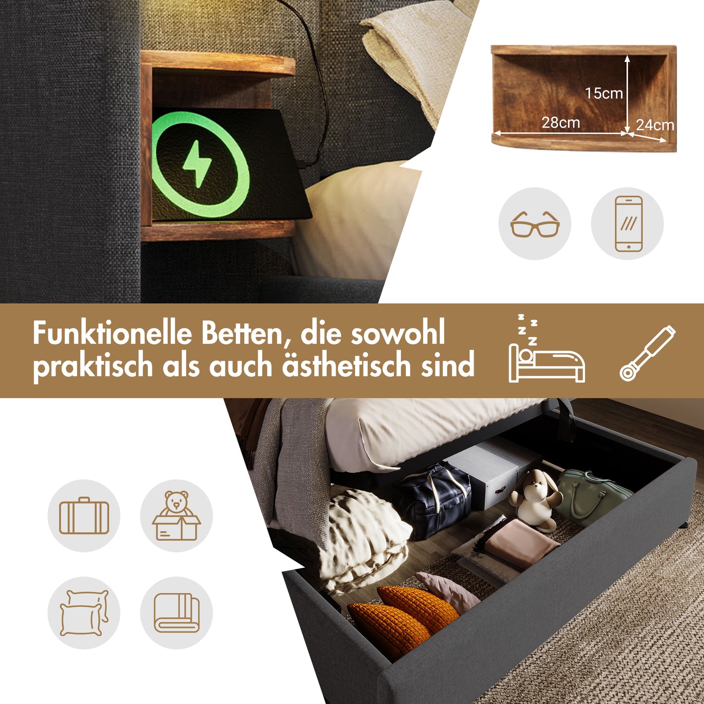 Upholstered Bed Double Bed 160x200 With Bedside Table, Reading Lamp And USB Type-C Charging Function, Bed System Storage Bed Frame With Slatted Frame Made Of Solid Wood And Metal, Grey, Linen Without