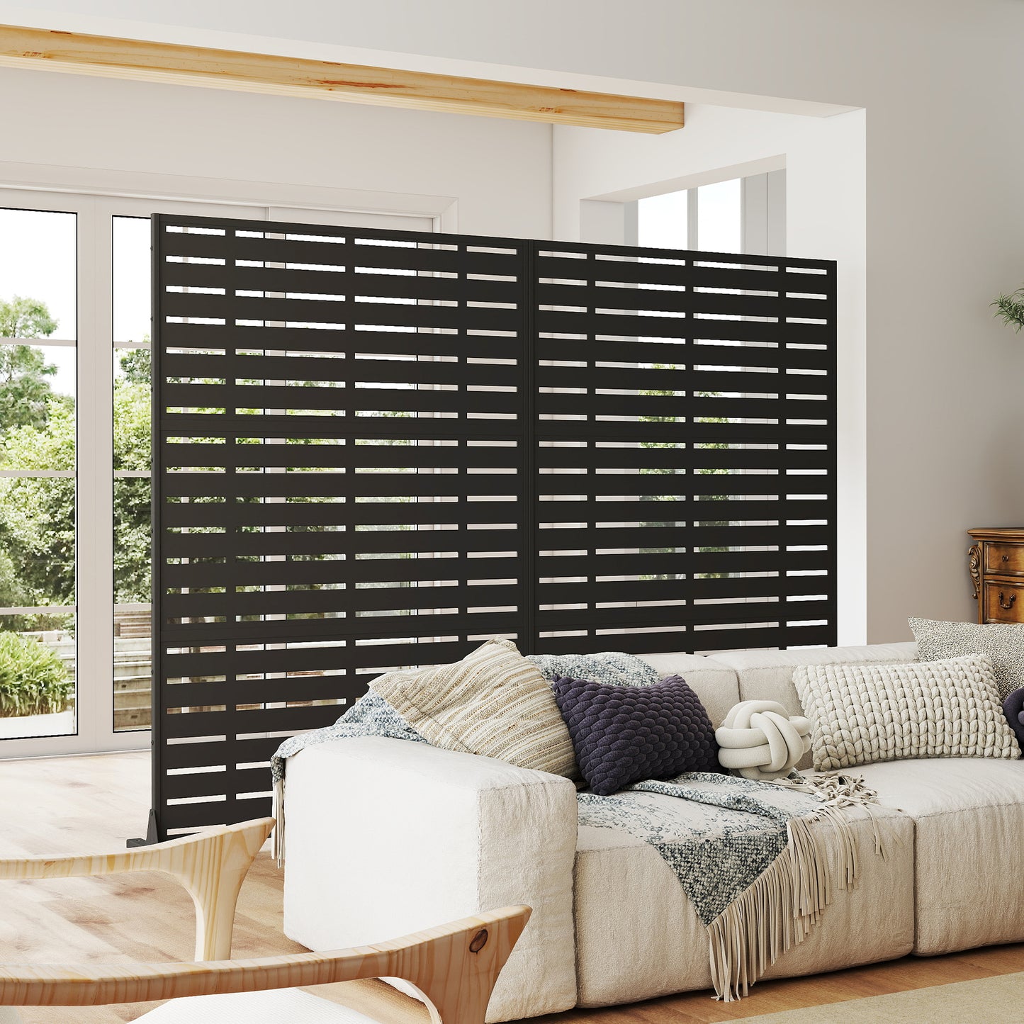 Outdoor Privacy Screen, Freestanding Patio Screen With Metal Frame & Resin Panels, Modern Decorative Privacy Fence For Patio, Garden, Balcony