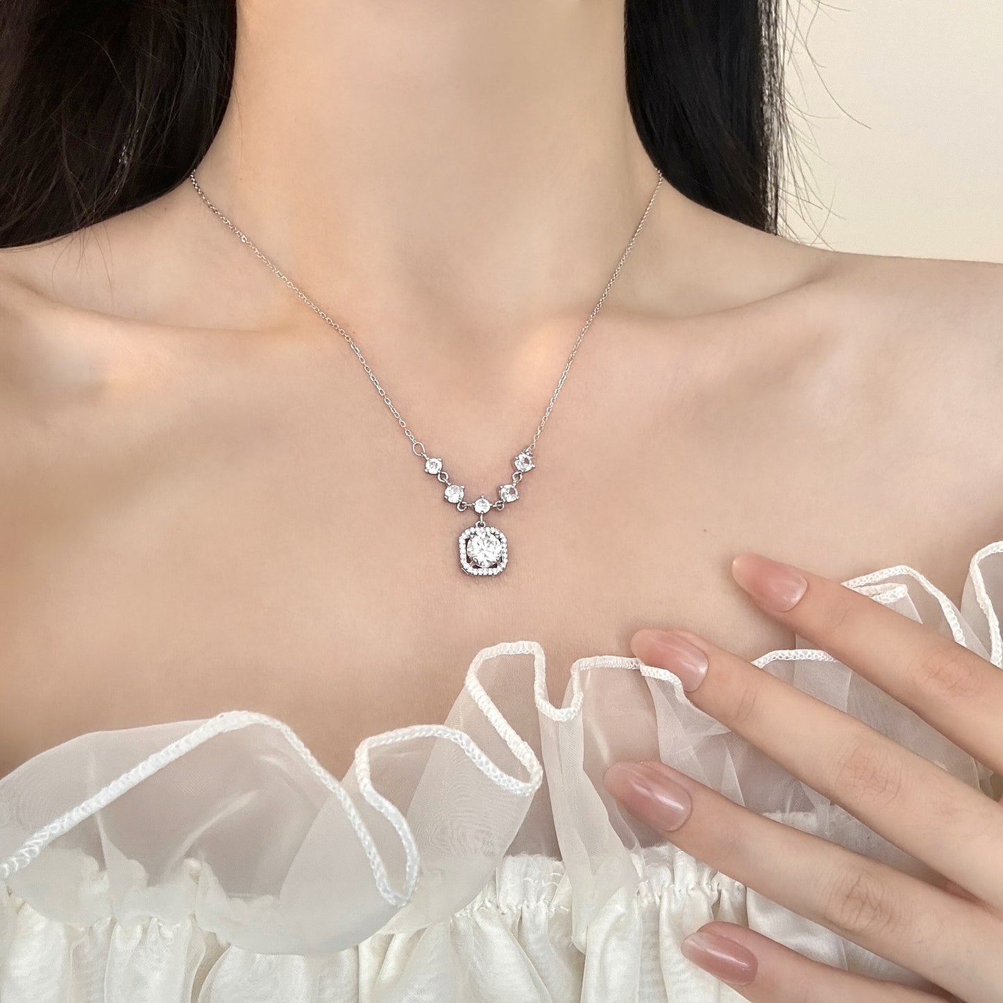 S999 Sterling Silver Sugar Cube Necklace For Women, Korean Style Zircon Clavicle Chain, Luxury Fashion Jewelry