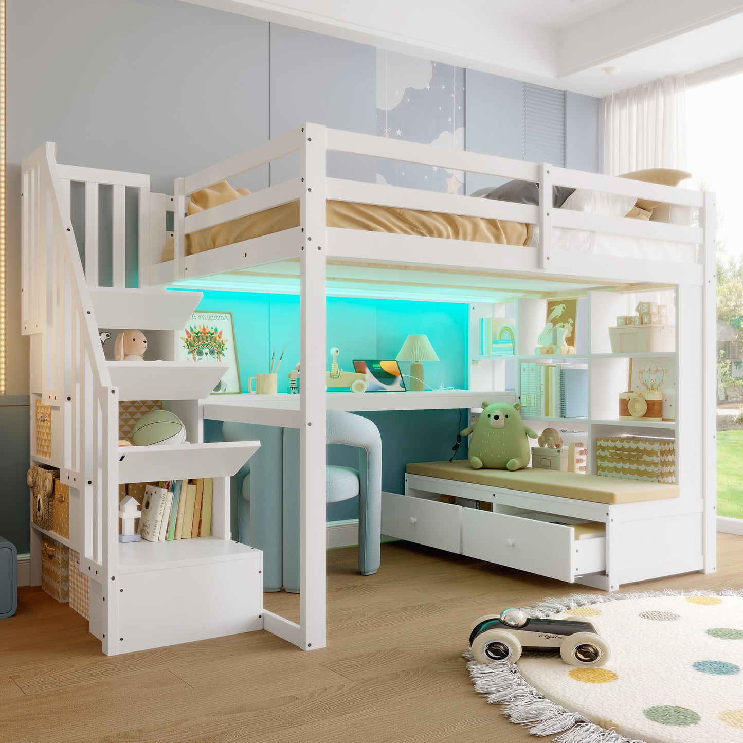 140x200 Loft Bed With Desk And Shelves, Two Integrated Drawers, Storage Staircase, White