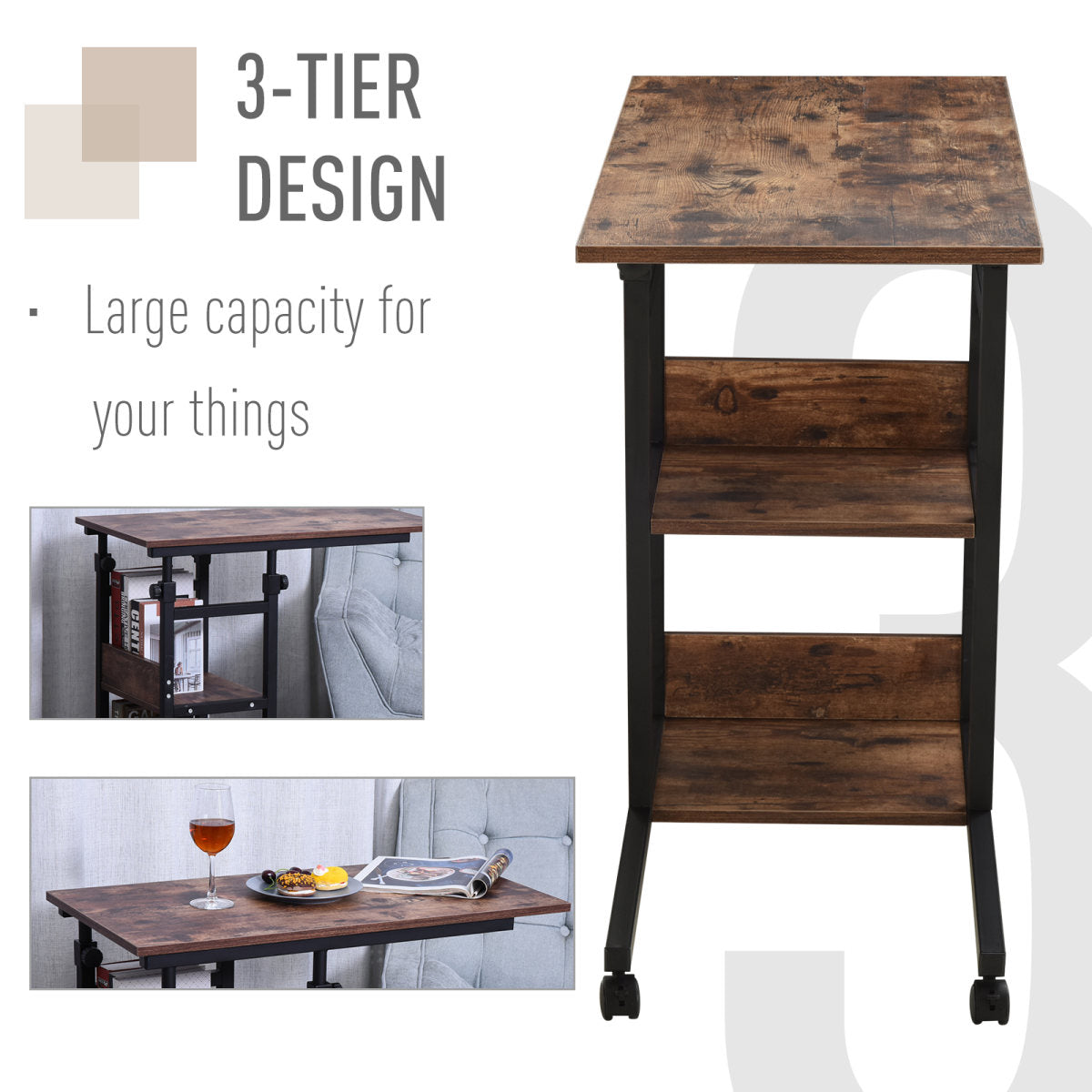 Mobile Nightstand Adjustable 3-Tier C-Shaped Side Table With Casters