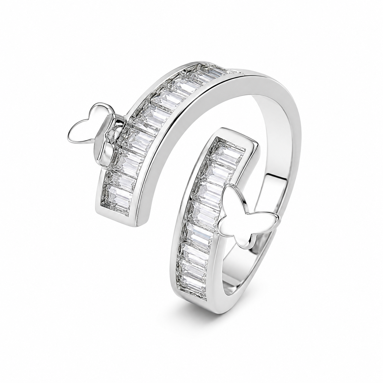 Dual Butterfly Baguette CZ Wrap Open Adjustable Ring For Women, Copper Plated Silver Twisted Split Band Dainty Wedding Party Stackable Jewelry Gift