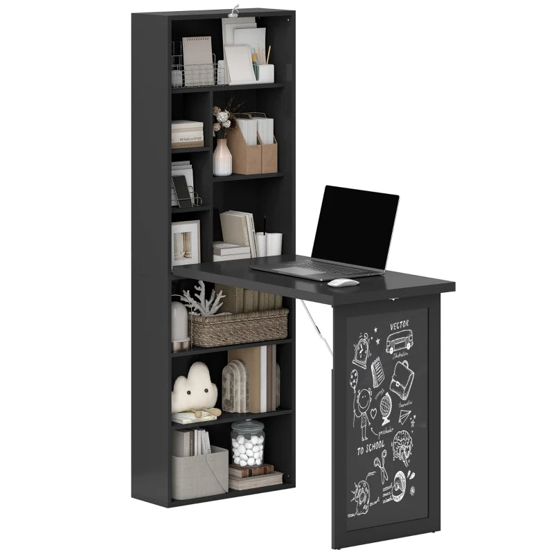 Old-out Convertible Home Office Desk, Wall Mount Computer Desk With Blackboard And Side Shelf, Black