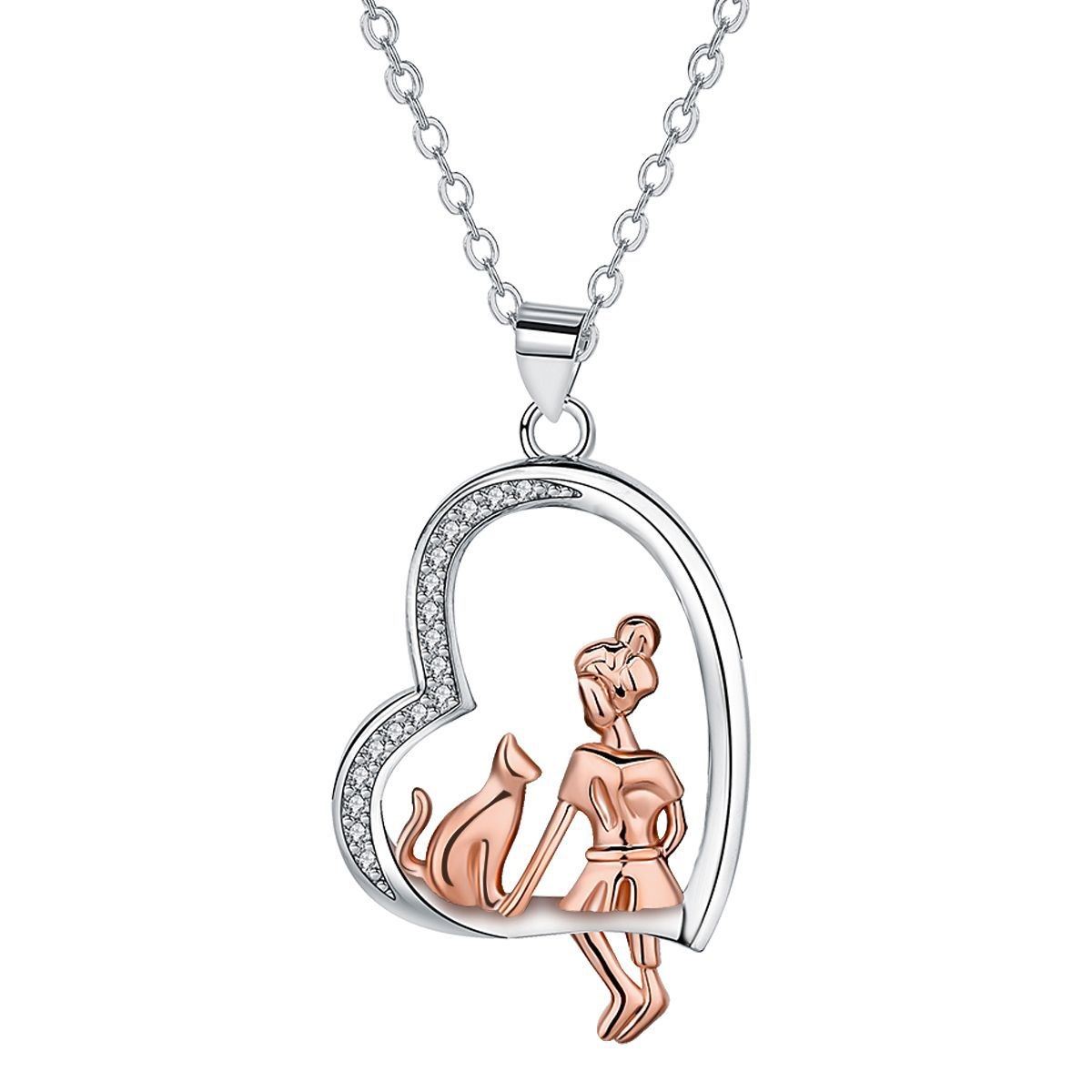 Heart-shaped Accessories Girl And Cat Pendant Personality Necklace