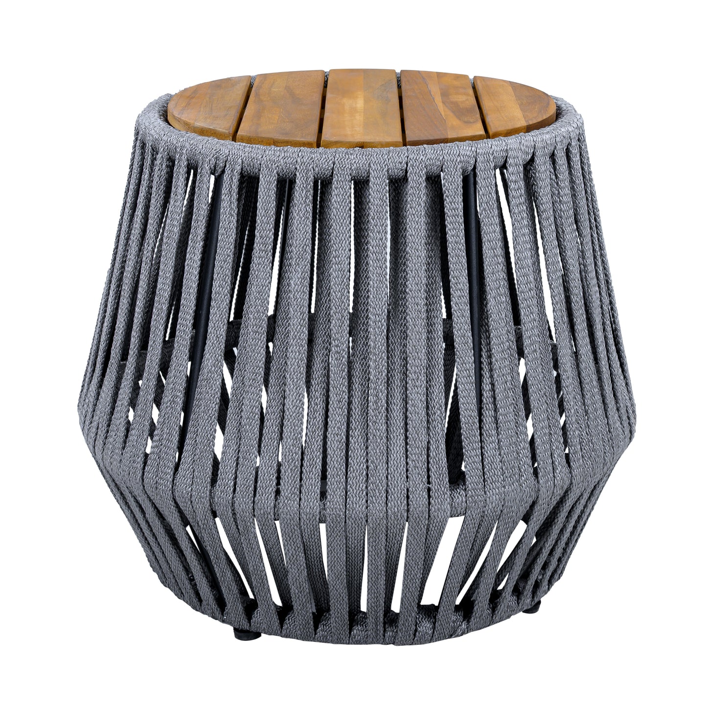 Outdoor Side Table With Rope And Acacia Wood - Teak Finish, 100 LBS Capacity, Weather-Resistant, Grey Rope Design