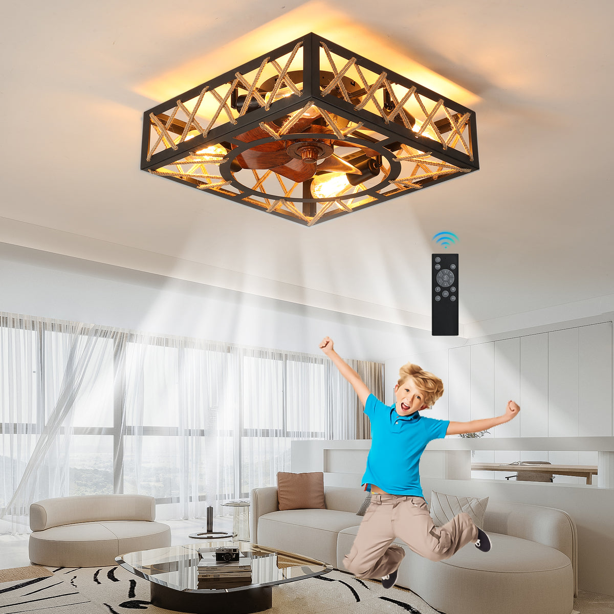 Farmhouse Rustic Ceiling Fan And Remote Control,Square Caged Industrial Ceiling Fixture With 6 Speeds & Noiseless DC Motor For Kitchen Dining Room Living Room Bedroom