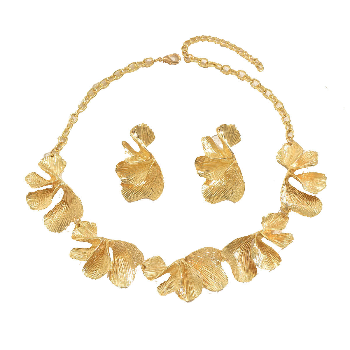Cross-Border European American Jewelry Set For Women, Unique Exaggerated Wrinkle Flower Metal Necklace & Matching Earrings, Niche Versatile Fashion Jewelry