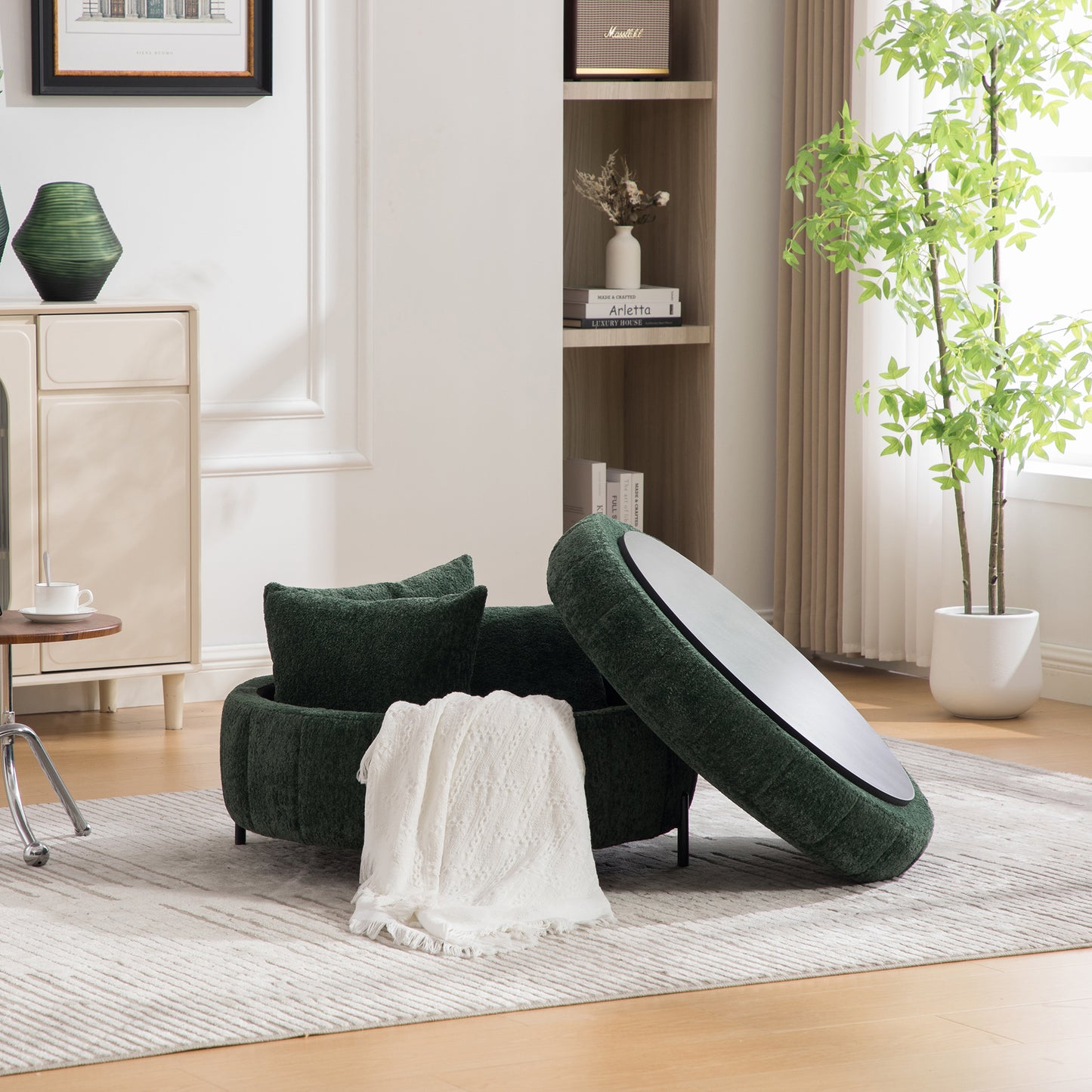 31.3 W Upholstered Round Ottoman With Reversible Lid, Chenille Storage Stool, Channel Tufted Pumpkin-shape Footstool For Living Room, Bedroom And Office, Green
