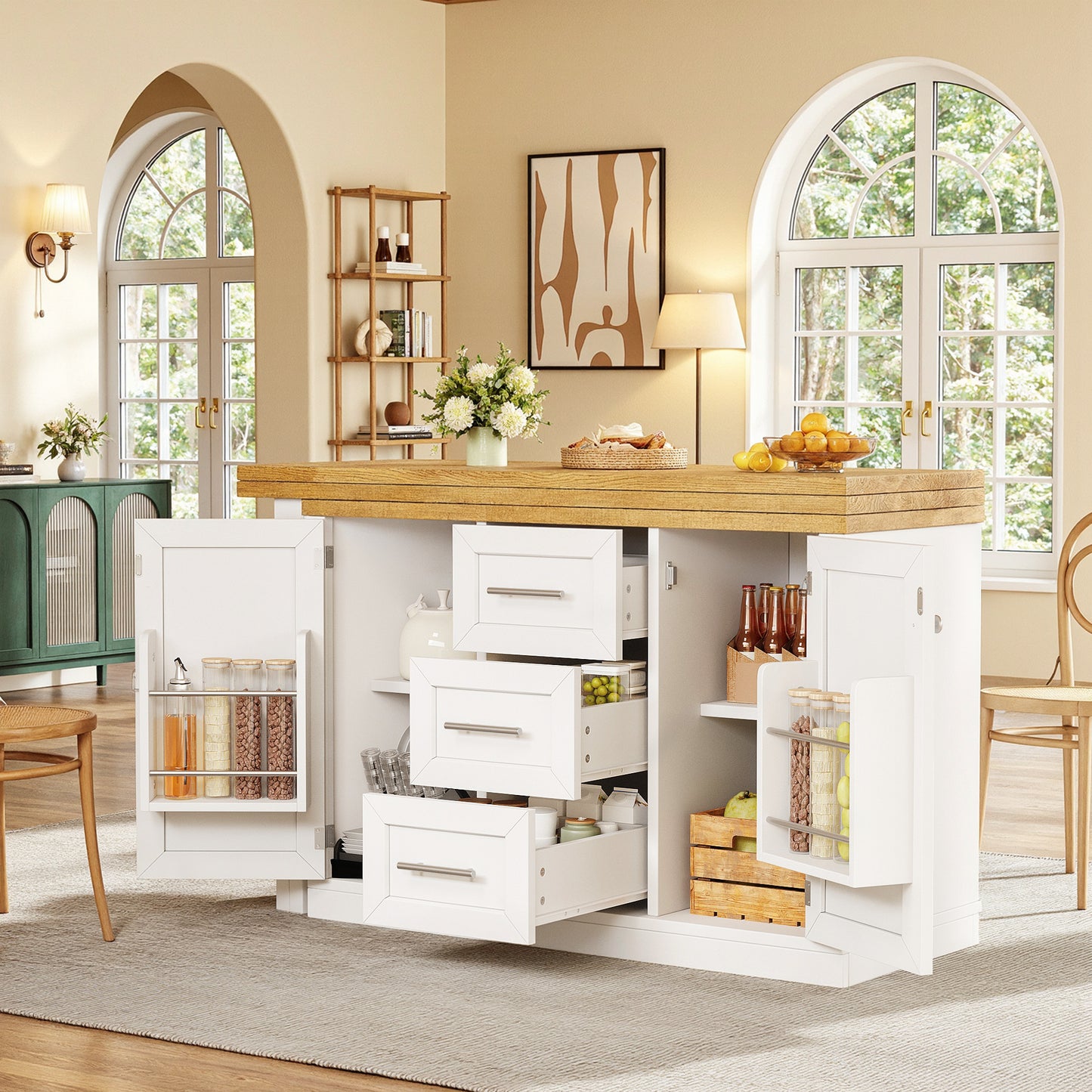 Extendable Sideboard & Table Combo, 120-180 Cm Adjustable Dining Table With Storage, 3 Drawers & Snack Racks, Space-Saving Kitchen Island For Small Flats, White Antique Green