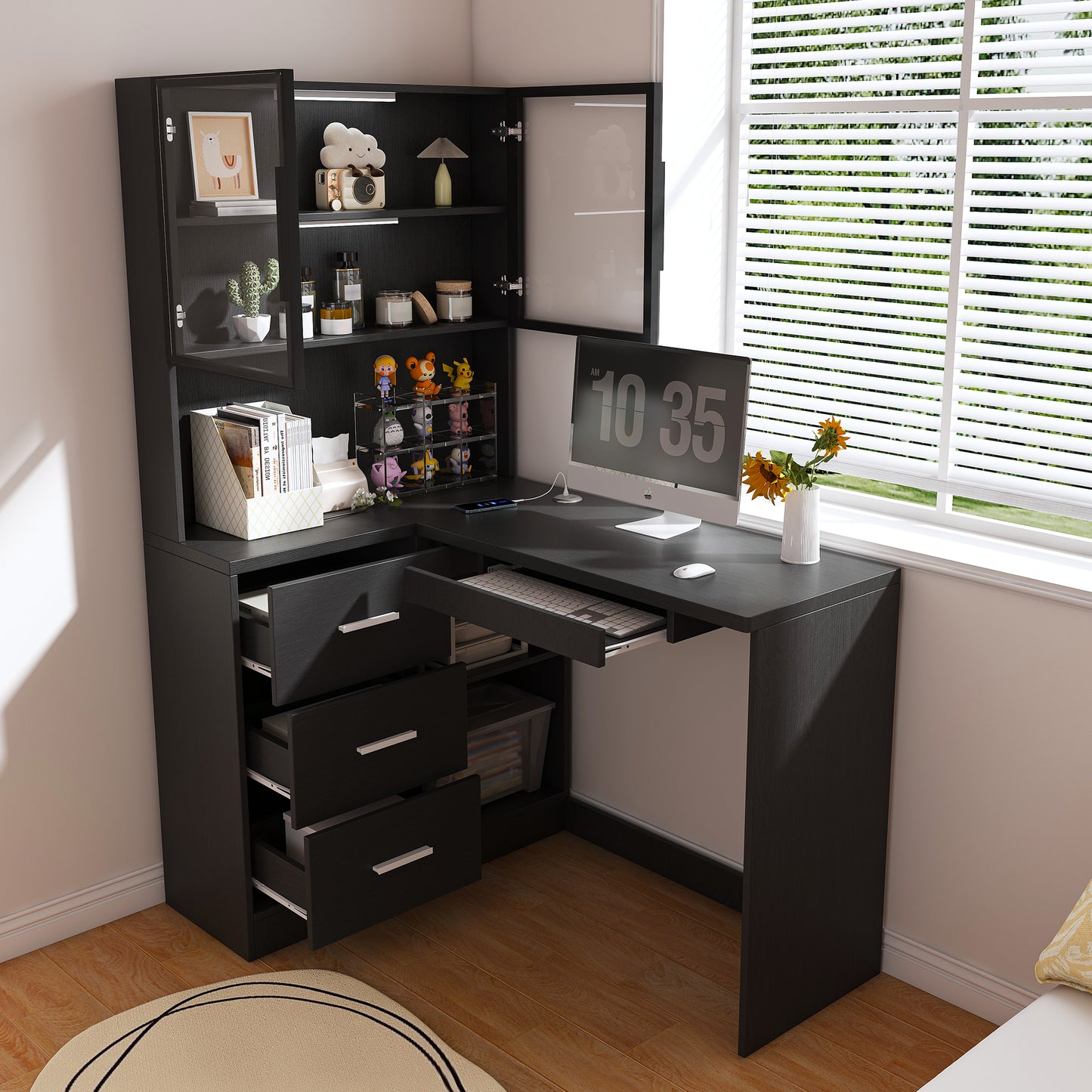Computer Desk With Glass Cabinets & Built-In LED Lights, Corner L-Shaped Office Desk With USB Charging Ports, Keyboard Tray, Ergonomic Design For Home And Corporate Workspaces Black
