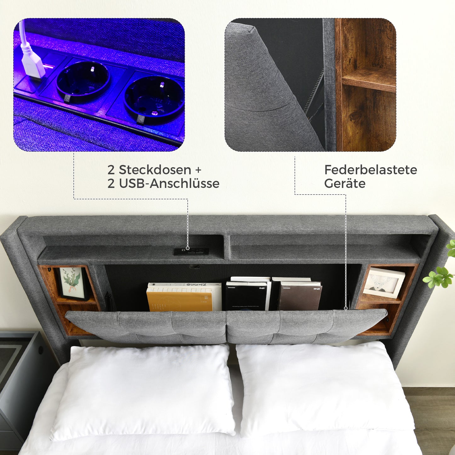 Upholstered Bed Double Bed Storage Headboard Bed With Charging USB And LED Lighting Bed Frame Wooden Slatted Frame,160x200CM Grey Without Mattress