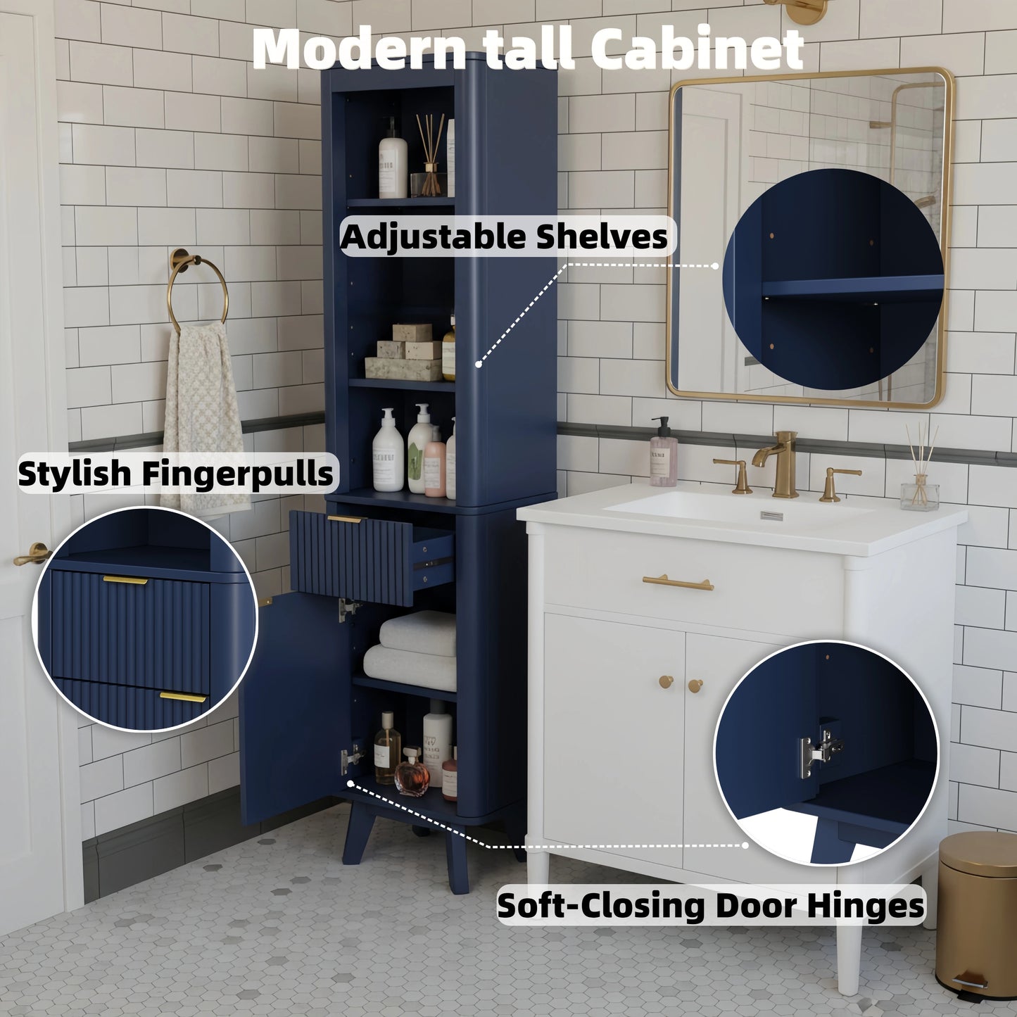 68 H Tall Bathroom Storage Cabinet With Adjustable Shelves And One Drawer & Door, Storage Cabinet For Bathroom, Living Room, Entryway & Kitchen, Blue