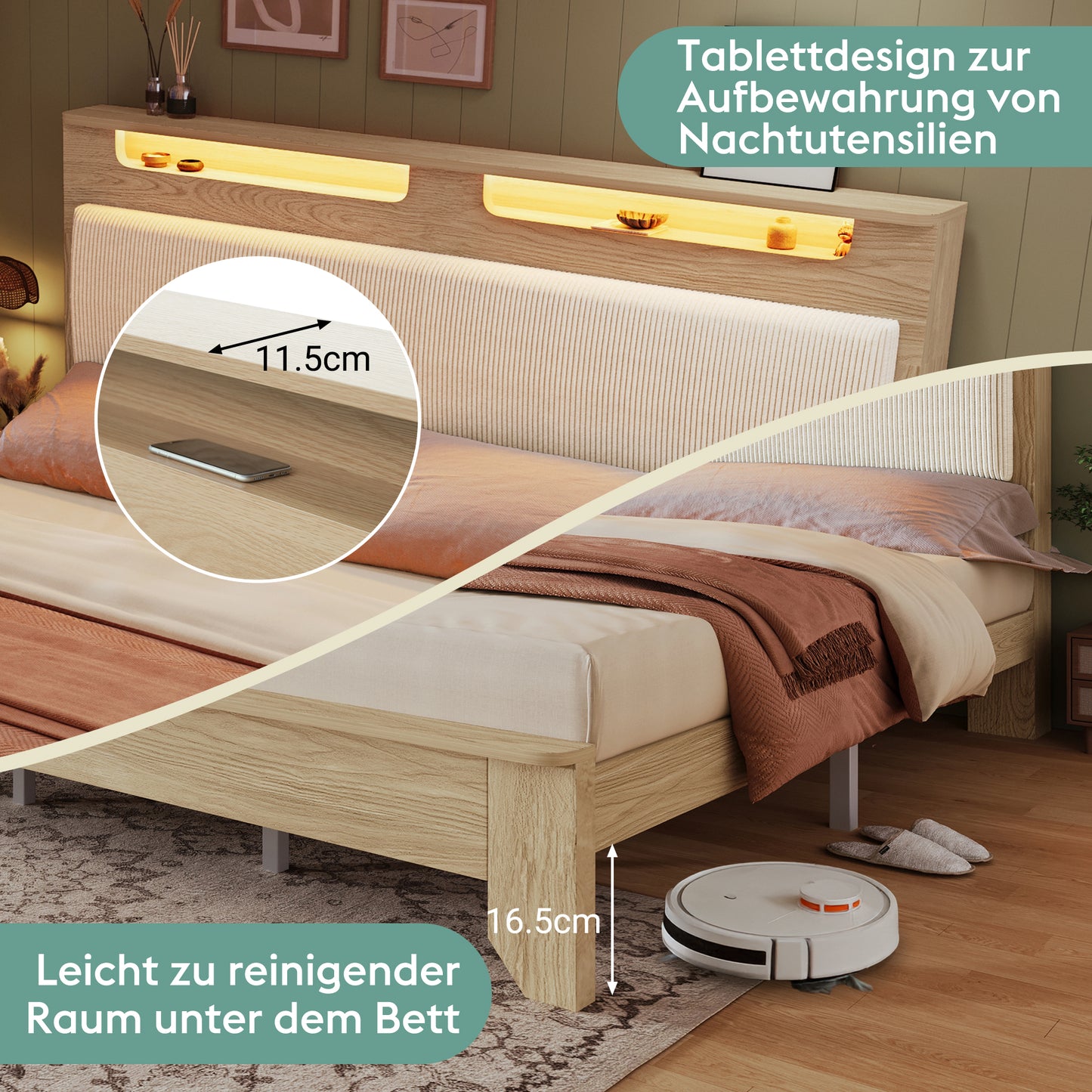 Double Bed Wooden Bed 160X200cm, Headboard With Storage Space, LED Lighting And Beige Corduroy Upholstered Backrest, Bed Frame With Wooden Slats, Light Oak Without Mattress & Bed Bench