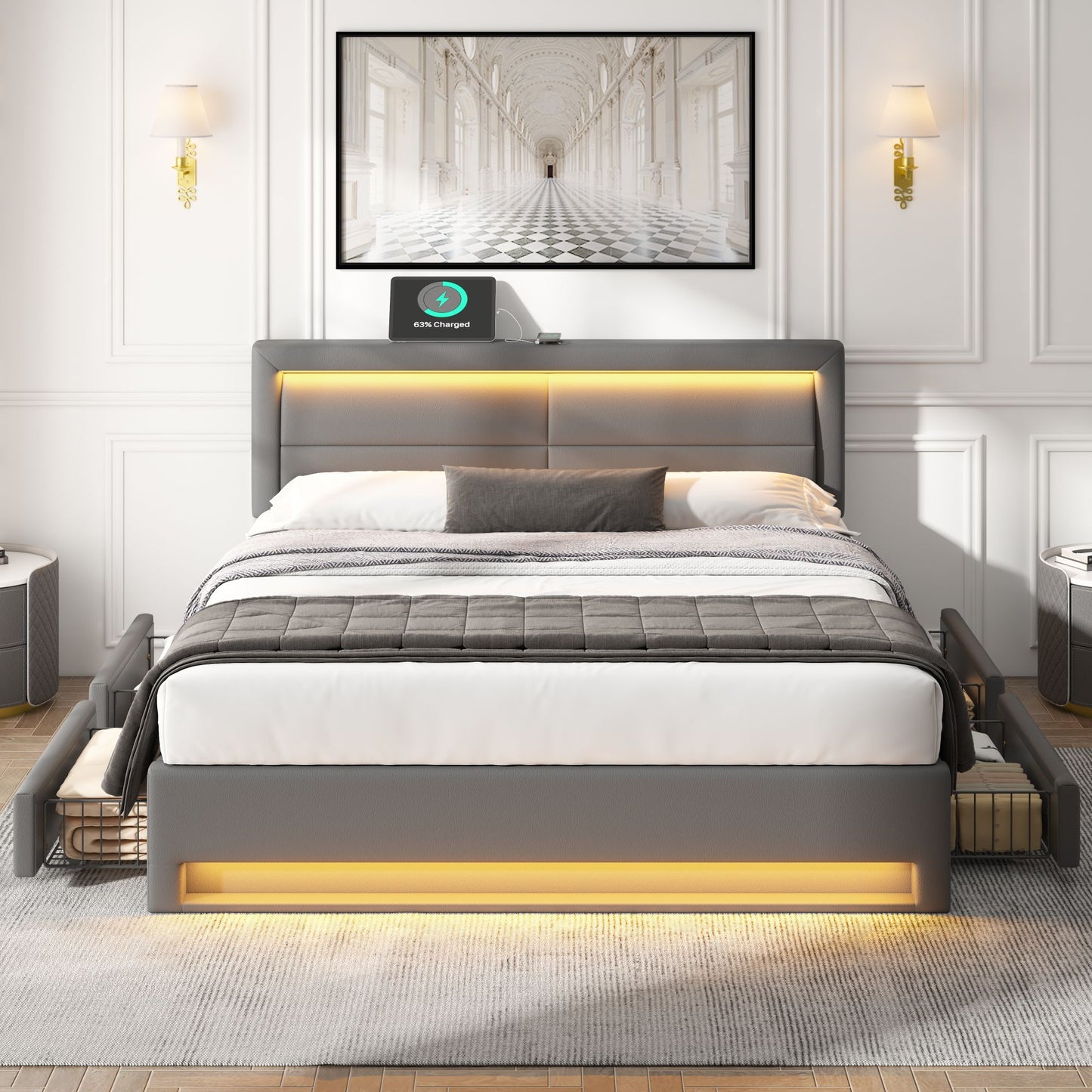 Tufted Bed 140 X 190 Cm With USB Port Supports Wireless And Wired Charging , With LED Lighting And Four Storage Drawers, Without Mattress, PU Lychee Design, Grey OLD SKU-3256234AAG