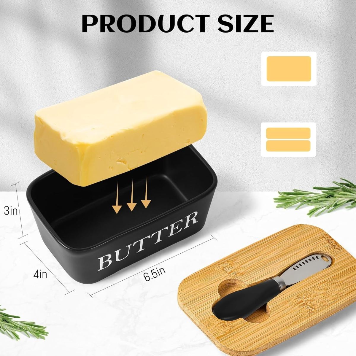Butter Dish With Wooden Lid, Ceramic Butter Dish With Butter Knife, Multifunctional Porcelain Butter Dish, 250 G Butter Dish, Butter Bell, Butter Box For Home And Kitchen (black), Butter Mold