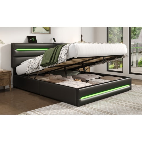 4ft6 Double Upholstered Bed Frame With Hydraulic Storage, PU Ottoman Bed With LED Lighting And Charging Station, LED Adjustable Headboard With USB And Type - C Ports, Black