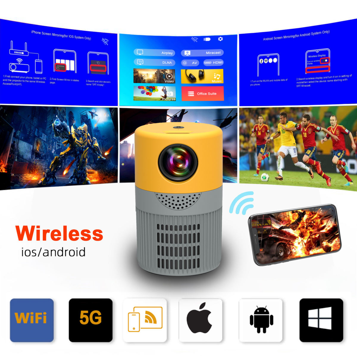 JHT400 Mini Portable Home Projector - Smart Wireless Micro Projector