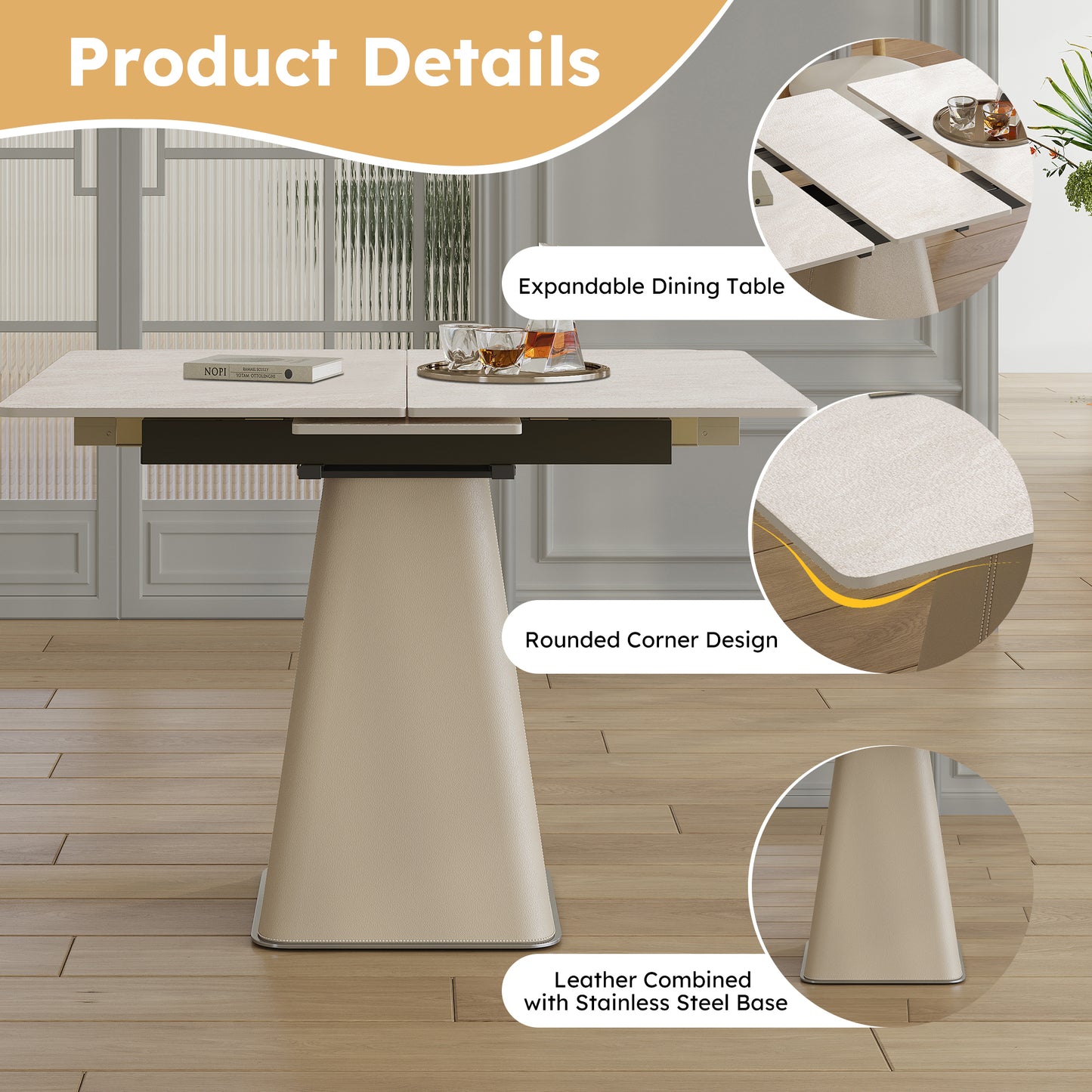Retractable Rock Slab Folding Dining Table Modern Square Expandable Table With Leather-Wrapped Stainless Steel Base Dual-Purpose Space Saving Kitchen Table For Small Apartments