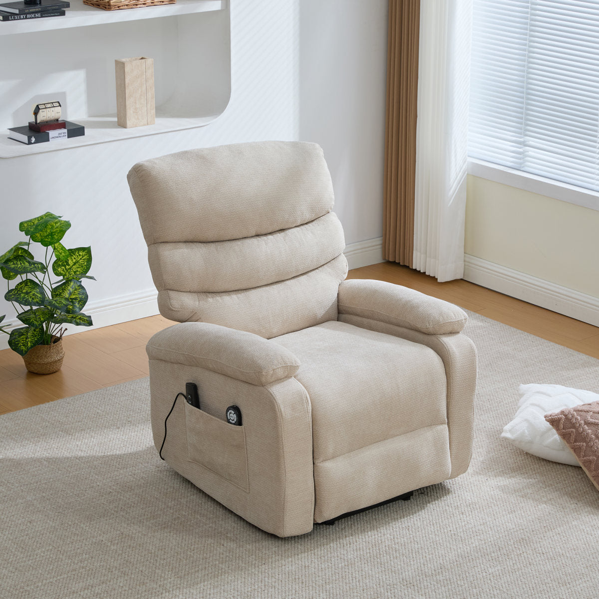 Multifunctional Electric Recliner With Stand-up Aid, Massage And Heat Function, Electrically Adjustable Backrest And Footrest As Well As Side Storage Pockets.Light Khaki