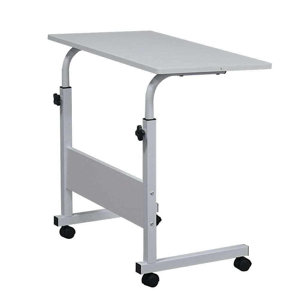 80cm Adjustable Tray Table Rolling Sofa Side Snack Table With Wheels Portable C-Shape Dinner Tray Tables Mobile Wooden Laptop Desk Beside Couch Bed