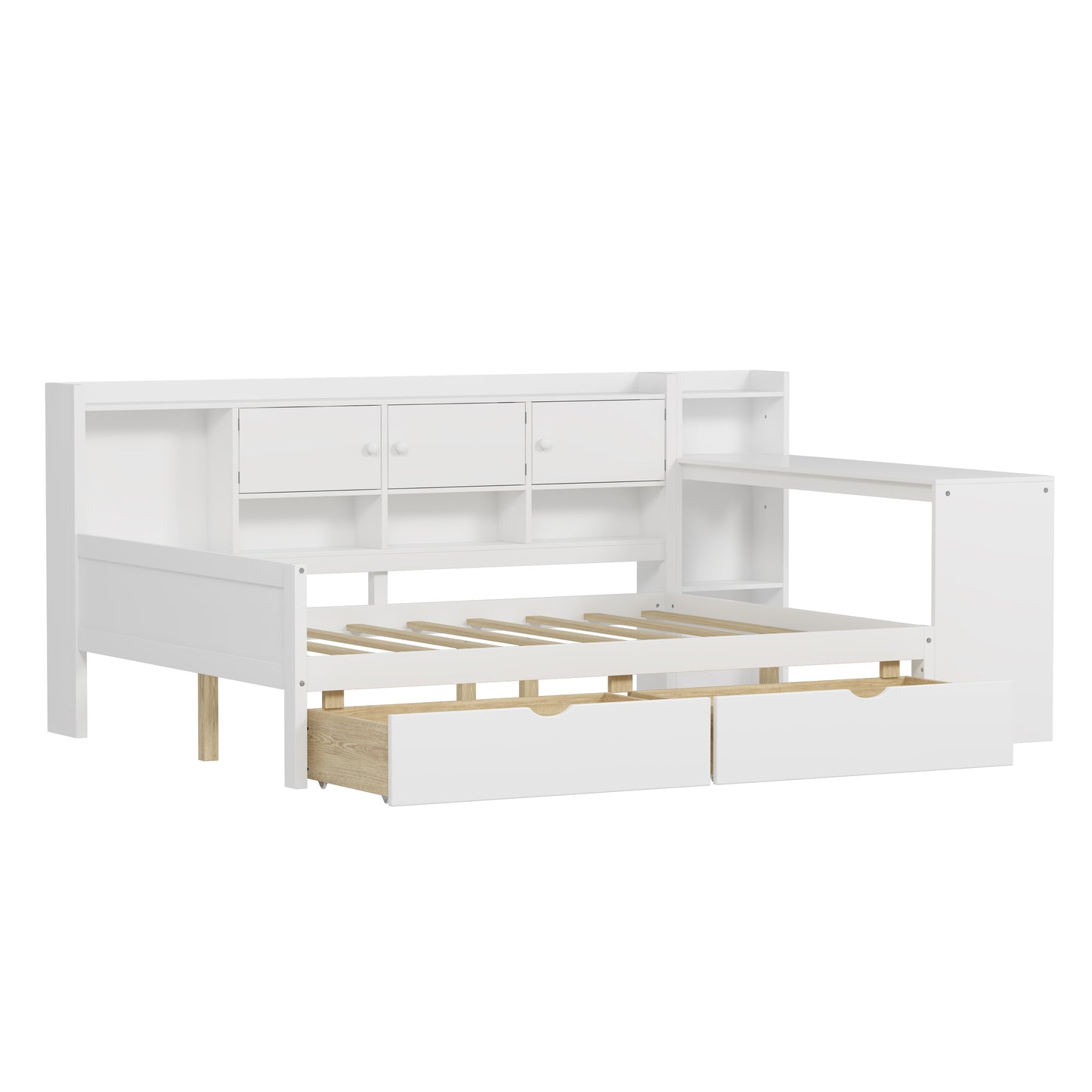 Full Size Wooden L-Shape Daybed With Seven Storage Cabinets And Two Storage Drawers, Multi-functional Bed With Study Desk And Built-in Bookshelf, White Old