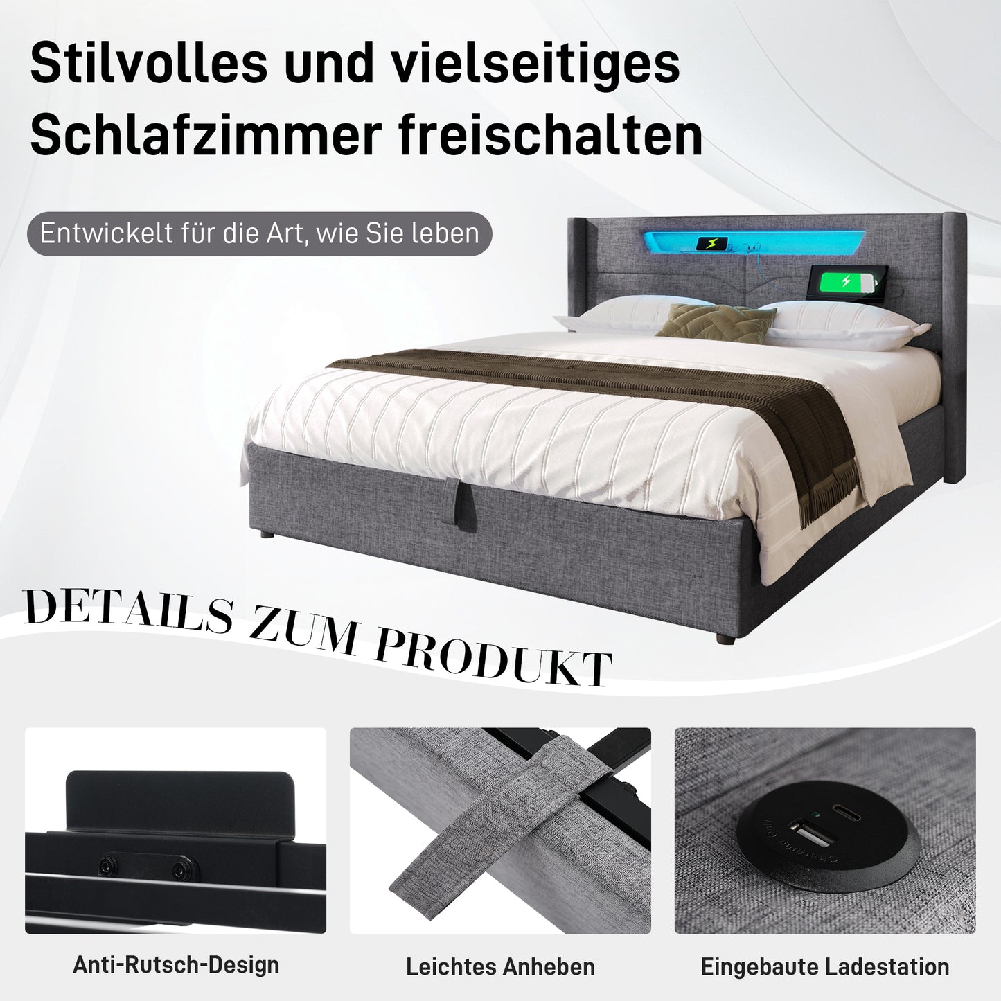 Upholstered Bed LED Double Bed With USB Type-C Charging Function And LED Lighting,Storage Beds Bed Frame Made Of Linen Material Youth Bed 140x200 With Slatted Base Without Mattress
